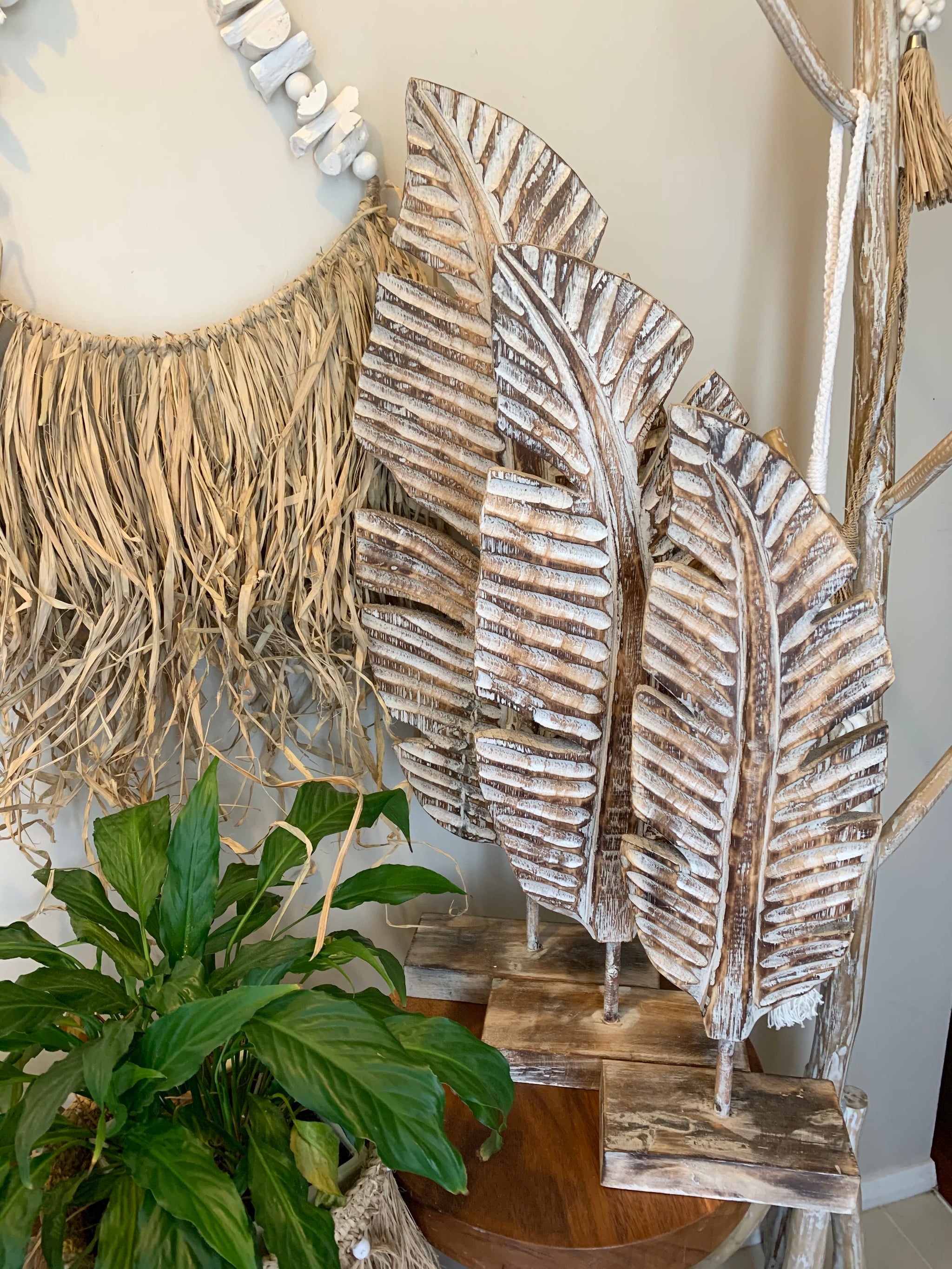 Set 3 brown timber carved leaf on stands - Bali Beach Beyond