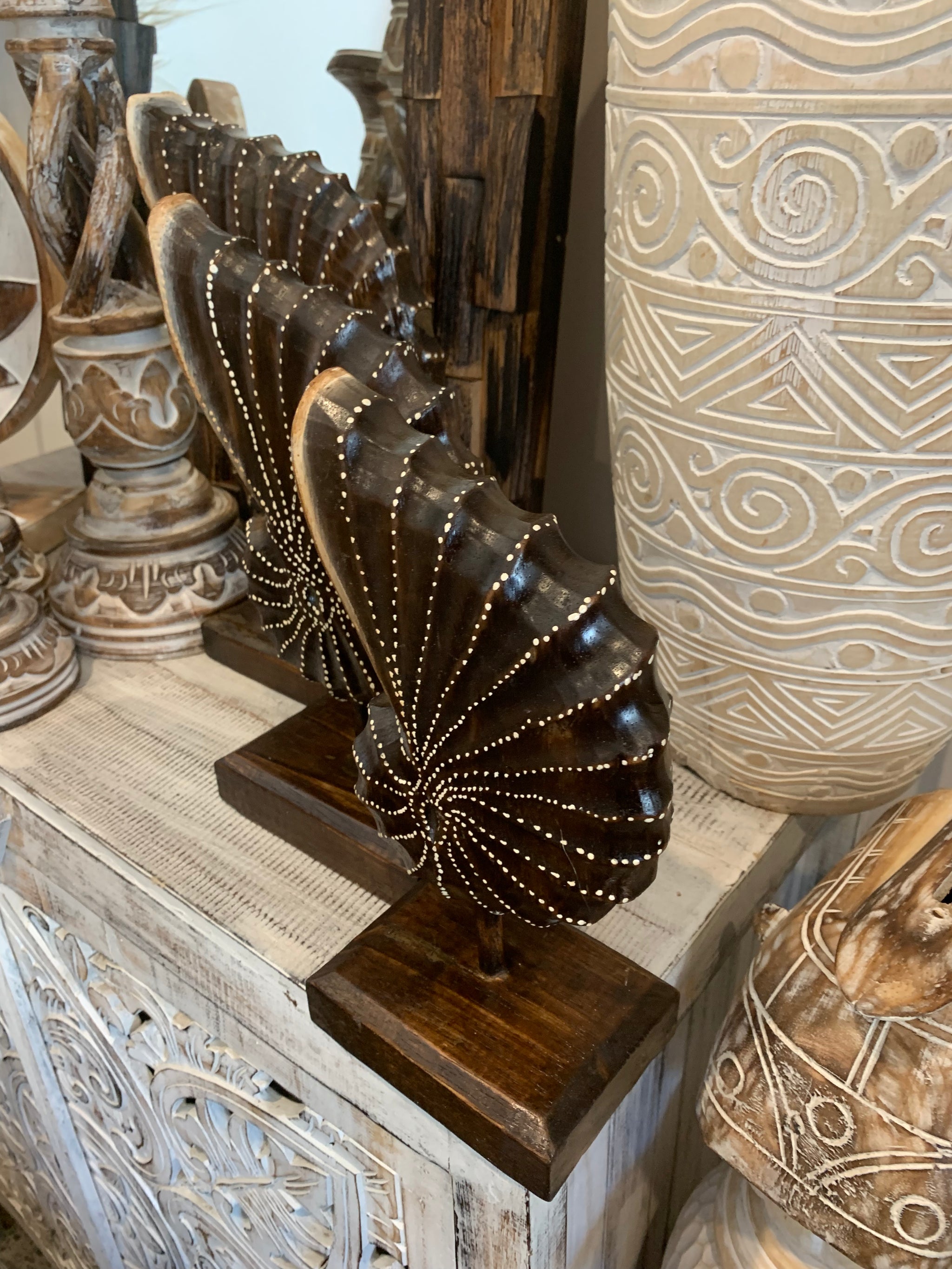 Carved timber shell on stand. Set 3. Brown. Design 2 - Bali Beach Beyond