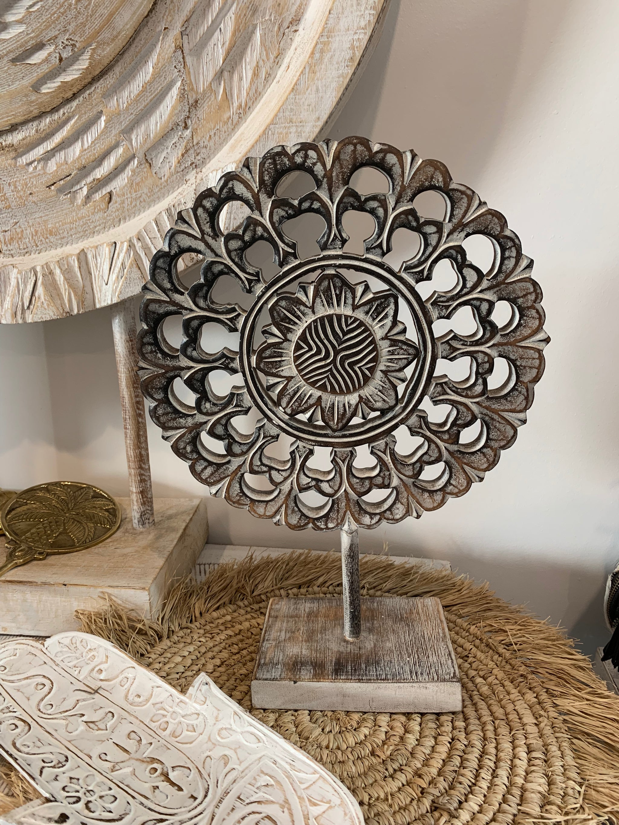 Handcarved decorative flower/ coin on stand. Brown. L - Bali Beach Beyond