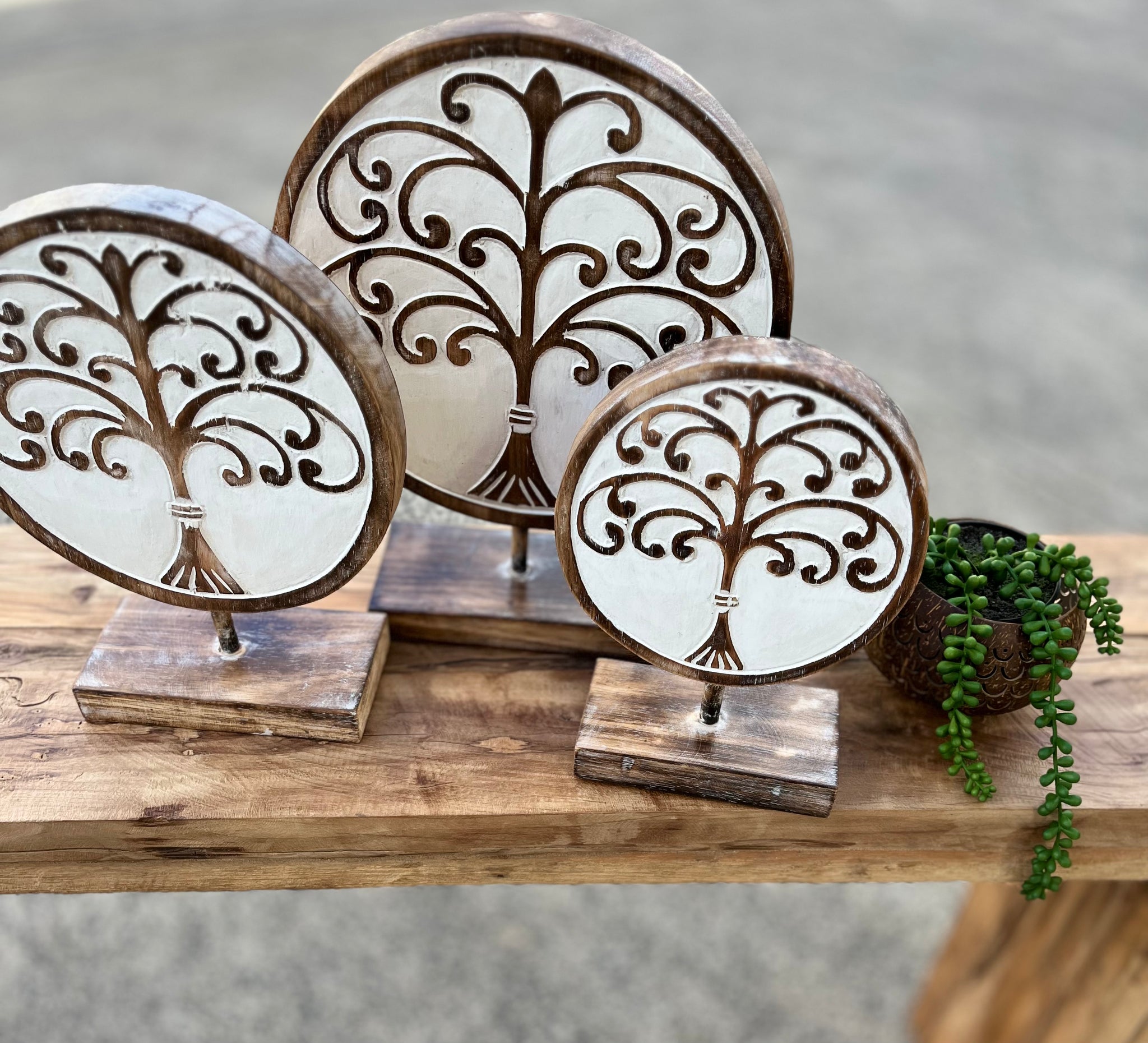 Set of 3 tree of life on stands. Timber - Bali Beach Beyond
