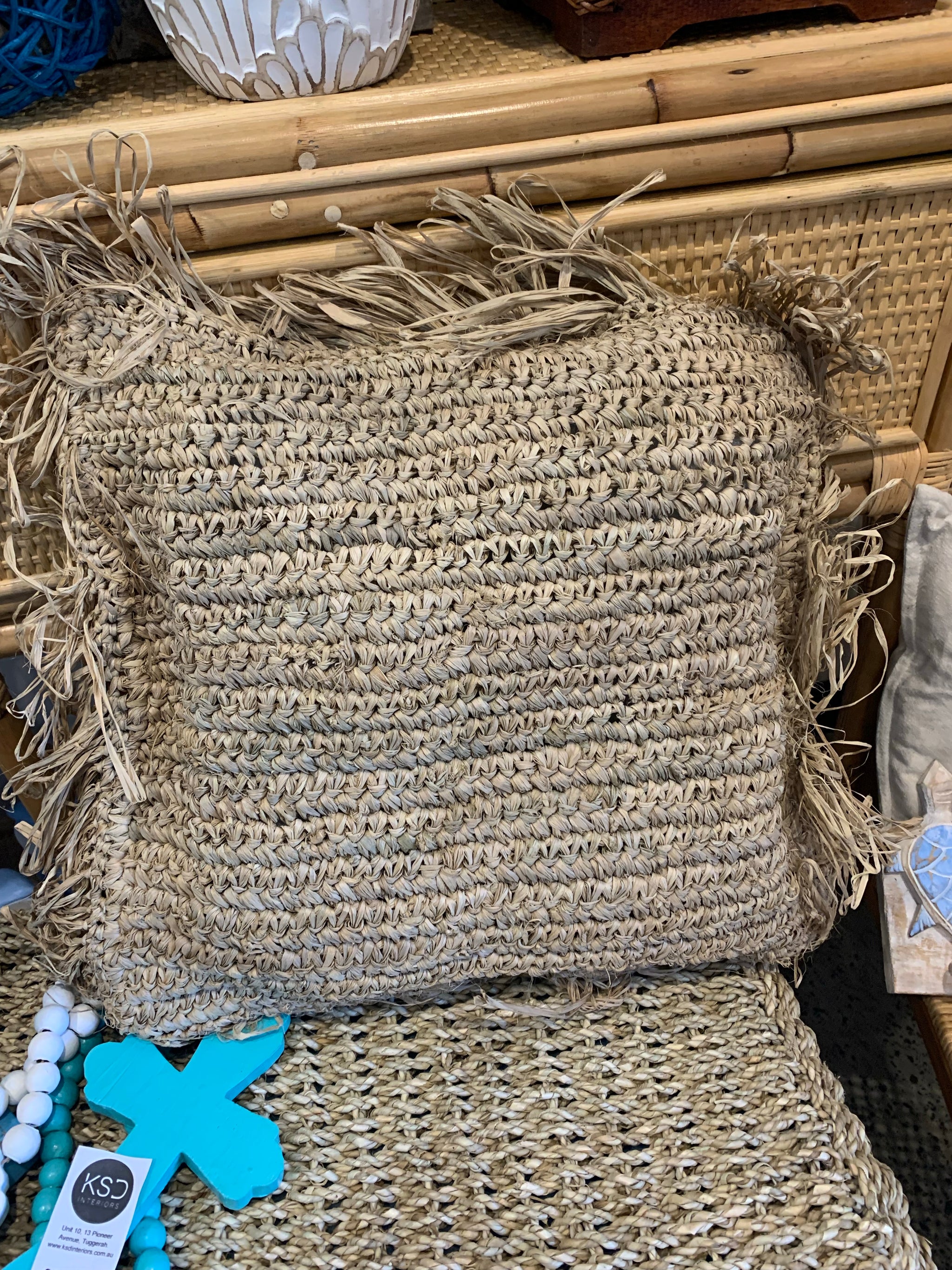 Square raffia cushion and insert - Bali Beach Beyond