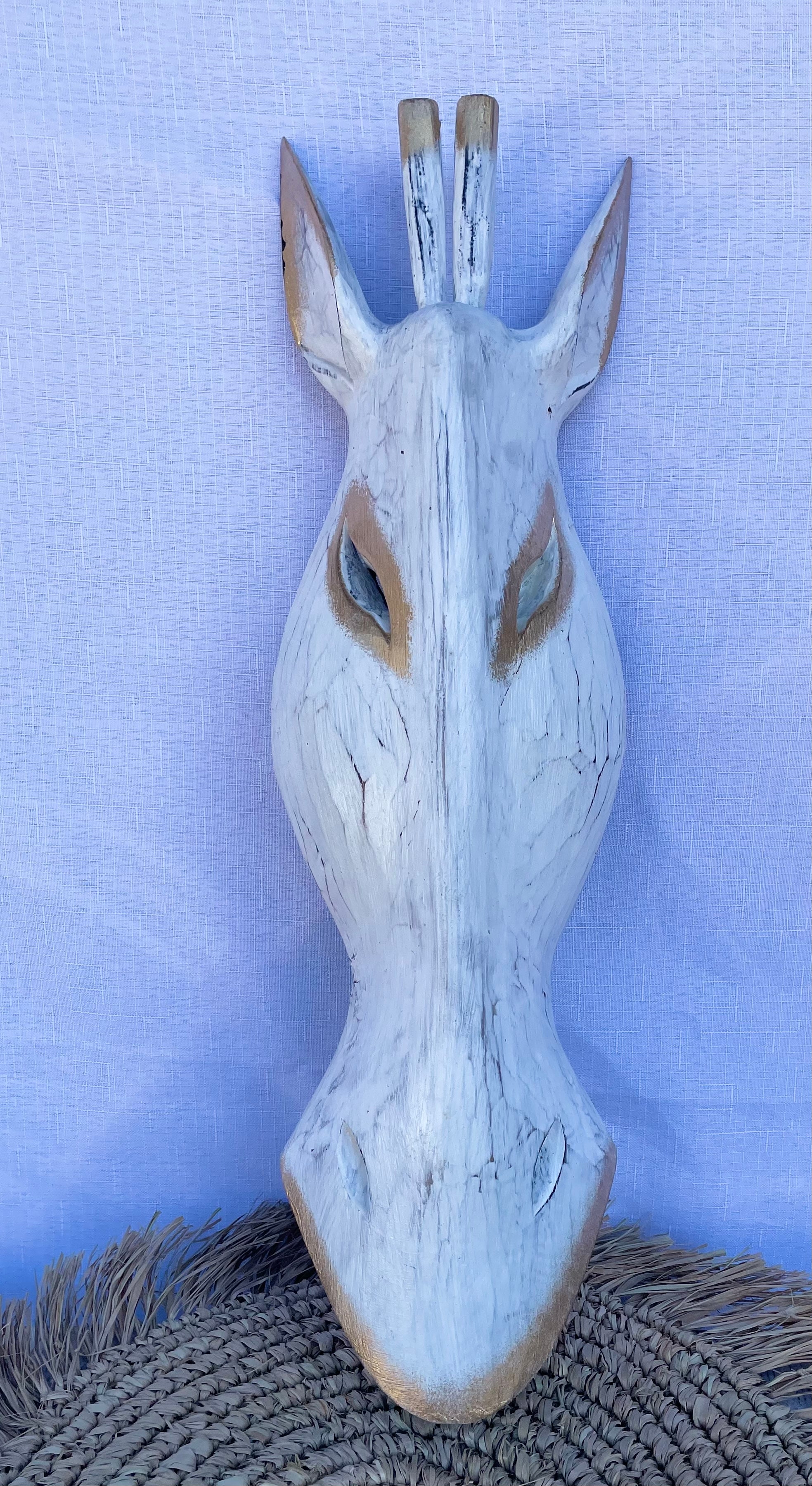 White timber giraffe mask. Wall hanging - Bali Beach Beyond