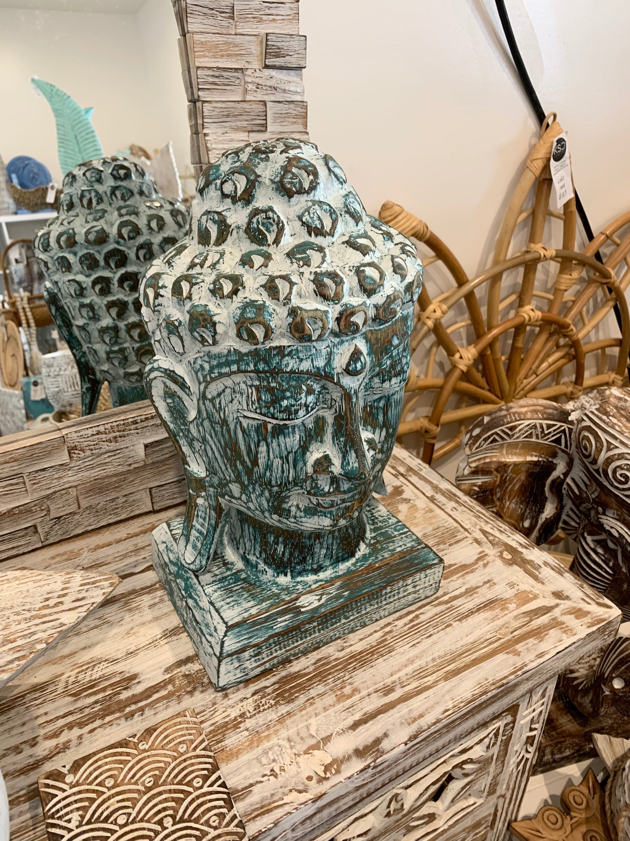 Buddha head statue - green - Bali Beach Beyond