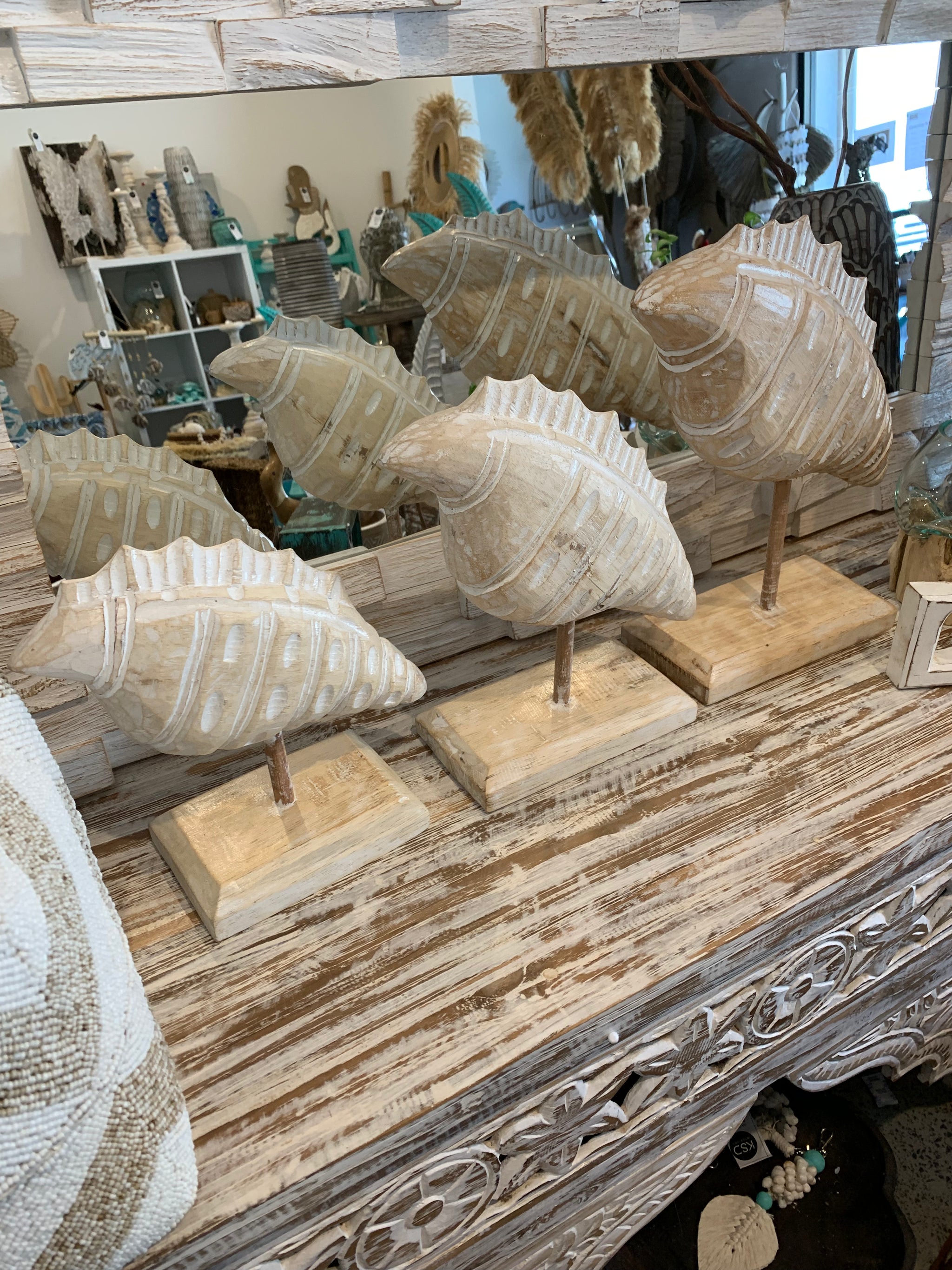 Carved timber shell on stand. Set 3. Natural. EOFY sale. Usually $65 - Bali Beach Beyond