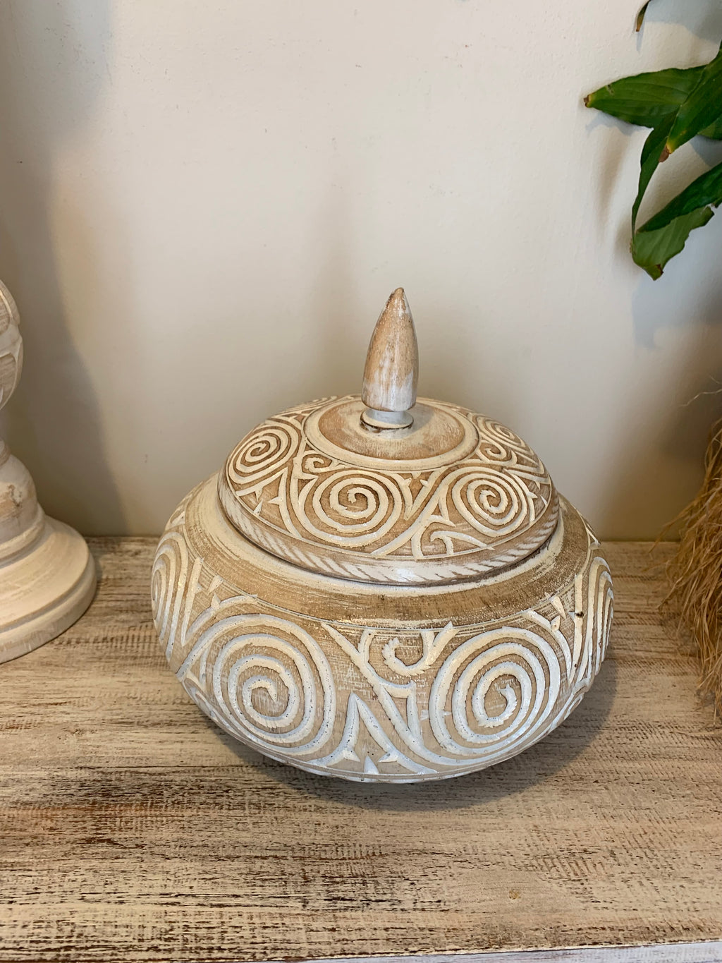 Large container with lid. Carved swirl pattern white wash - Bali Beach Beyond