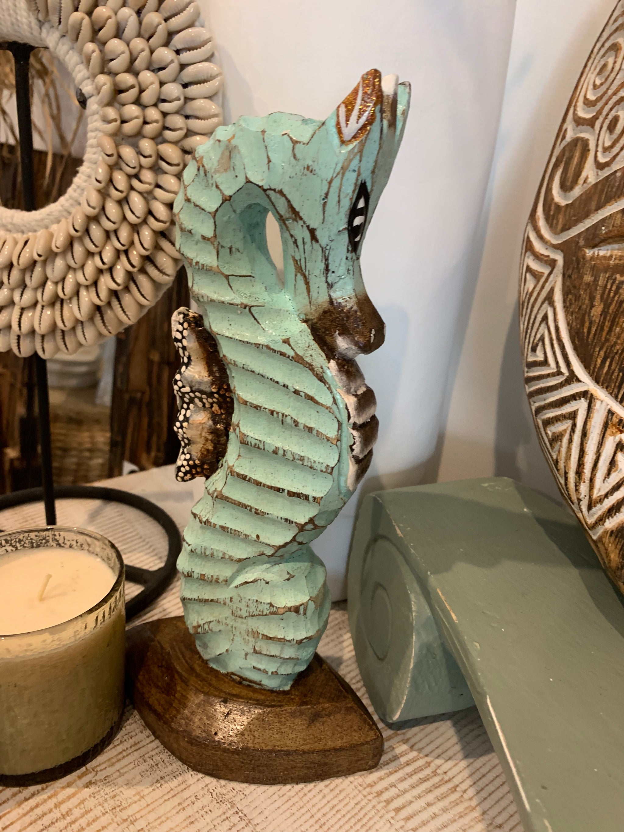 Handpainted turquoise timber seahorse - Bali Beach Beyond