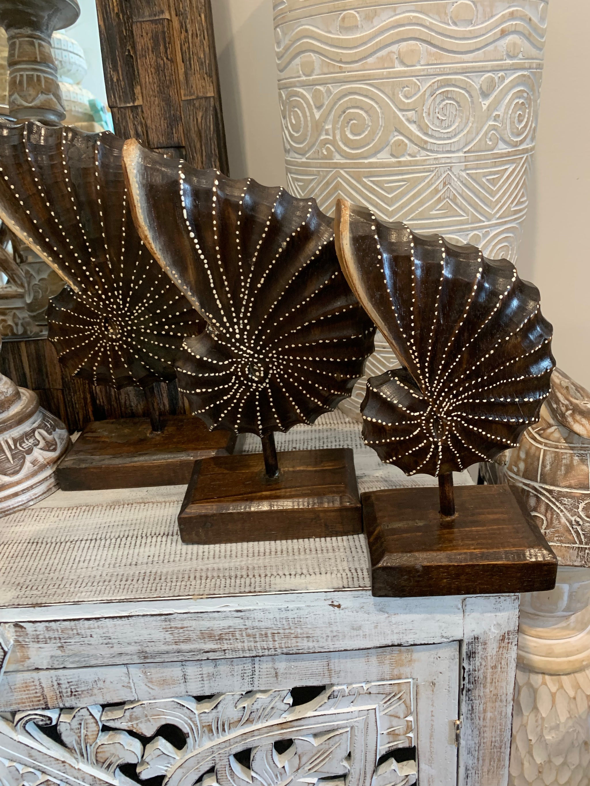 Carved timber shell on stand. Set 3. Brown. Design 2 - Bali Beach Beyond