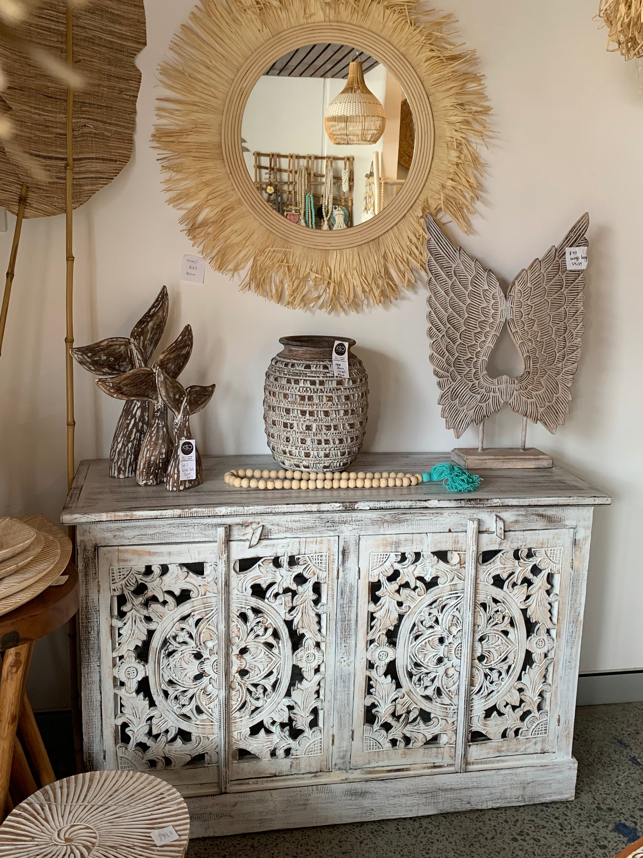 Carved rustic white timber cabinet with 4 doors - Bali Beach Beyond