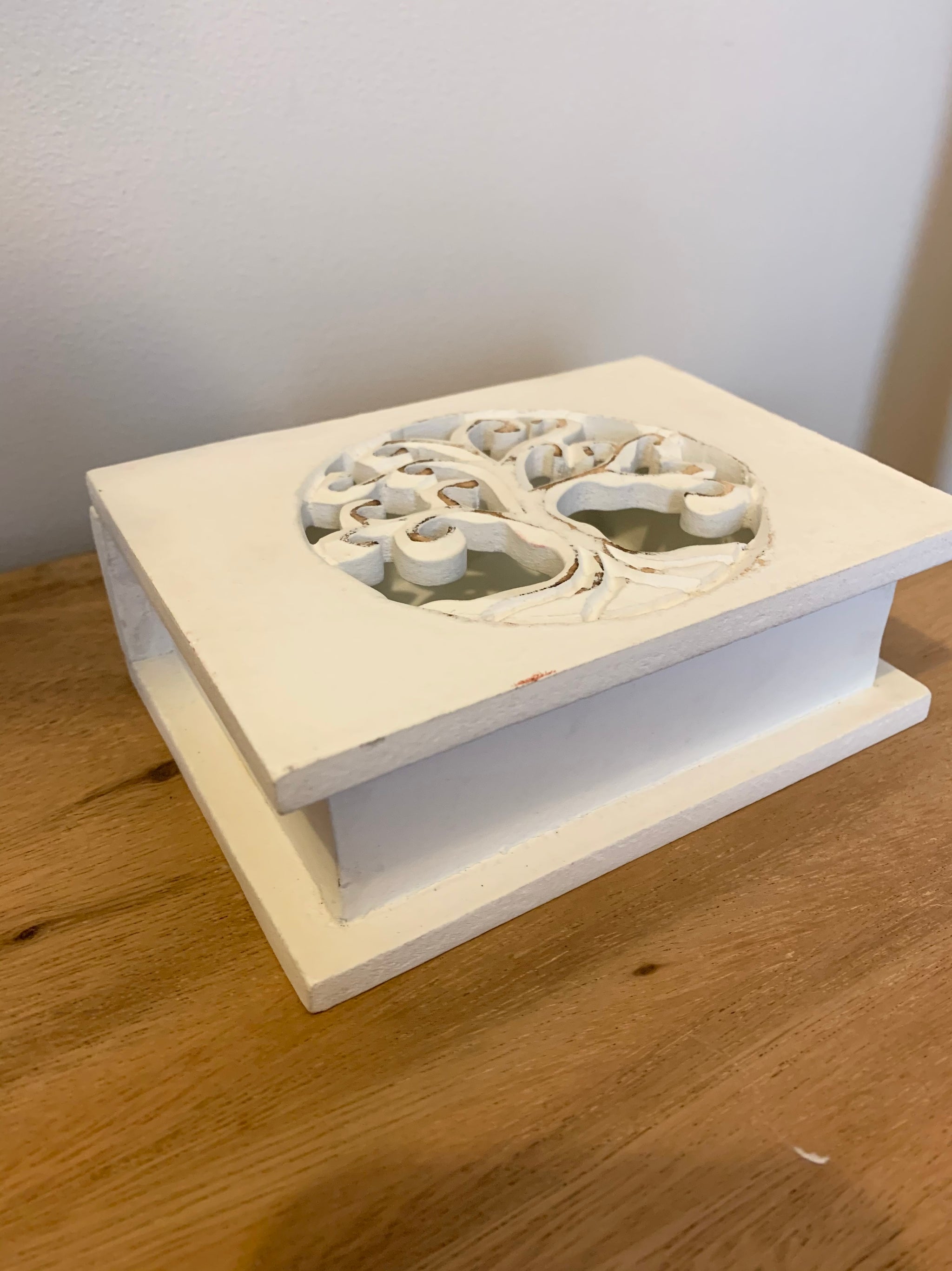 Carved tree of life white box with hinged lid. Jewellery / storage. 15cm w - Bali Beach Beyond