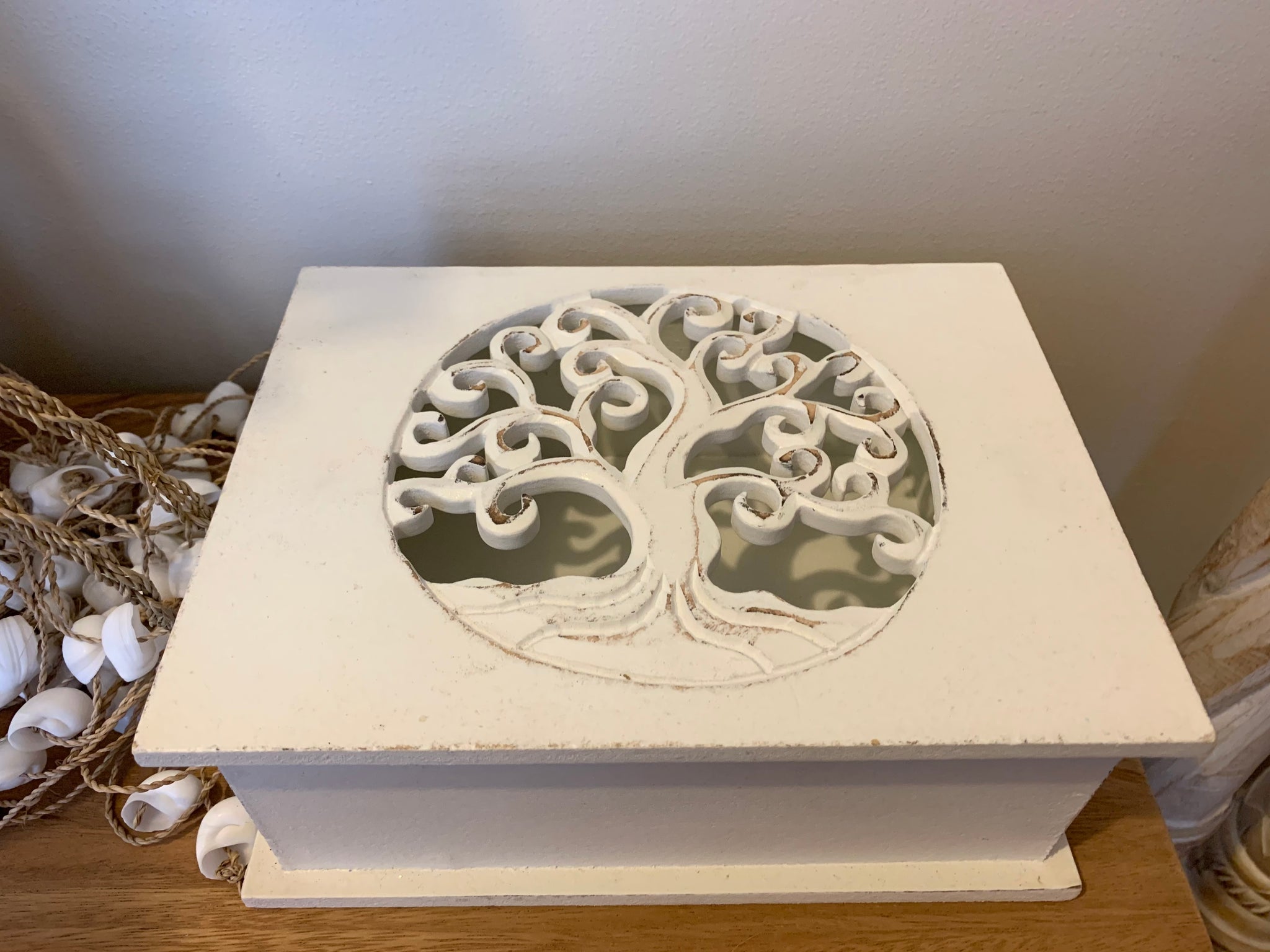 Carved tree of life white box with hinged lid. Jewellery / storage. Large. 24cm w - Bali Beach Beyond