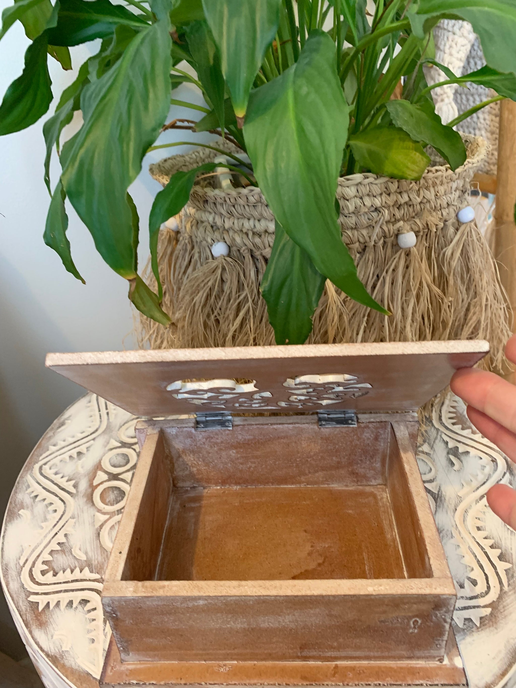 Carved brown box tree of life with hinged lid. Jewellery / storage. Medium. 19cm - Bali Beach Beyond