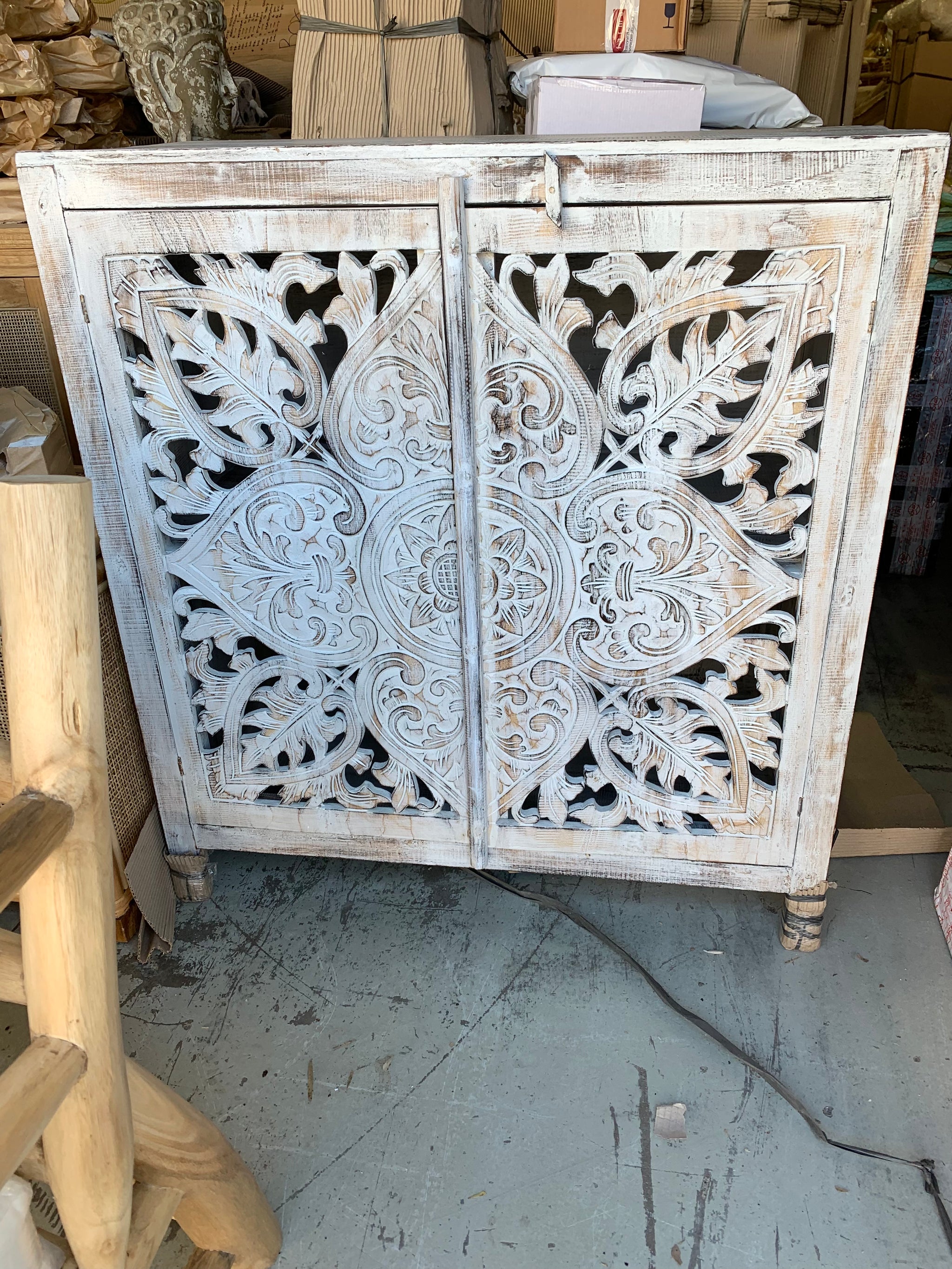 Carved rustic white timber cabinet with 2 doors - Bali Beach Beyond