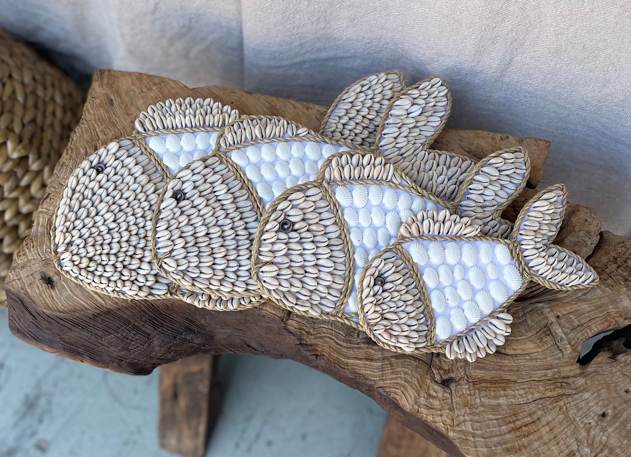 Shell fish hanging / decoration. White and natural. Set of 4 - Bali Beach Beyond