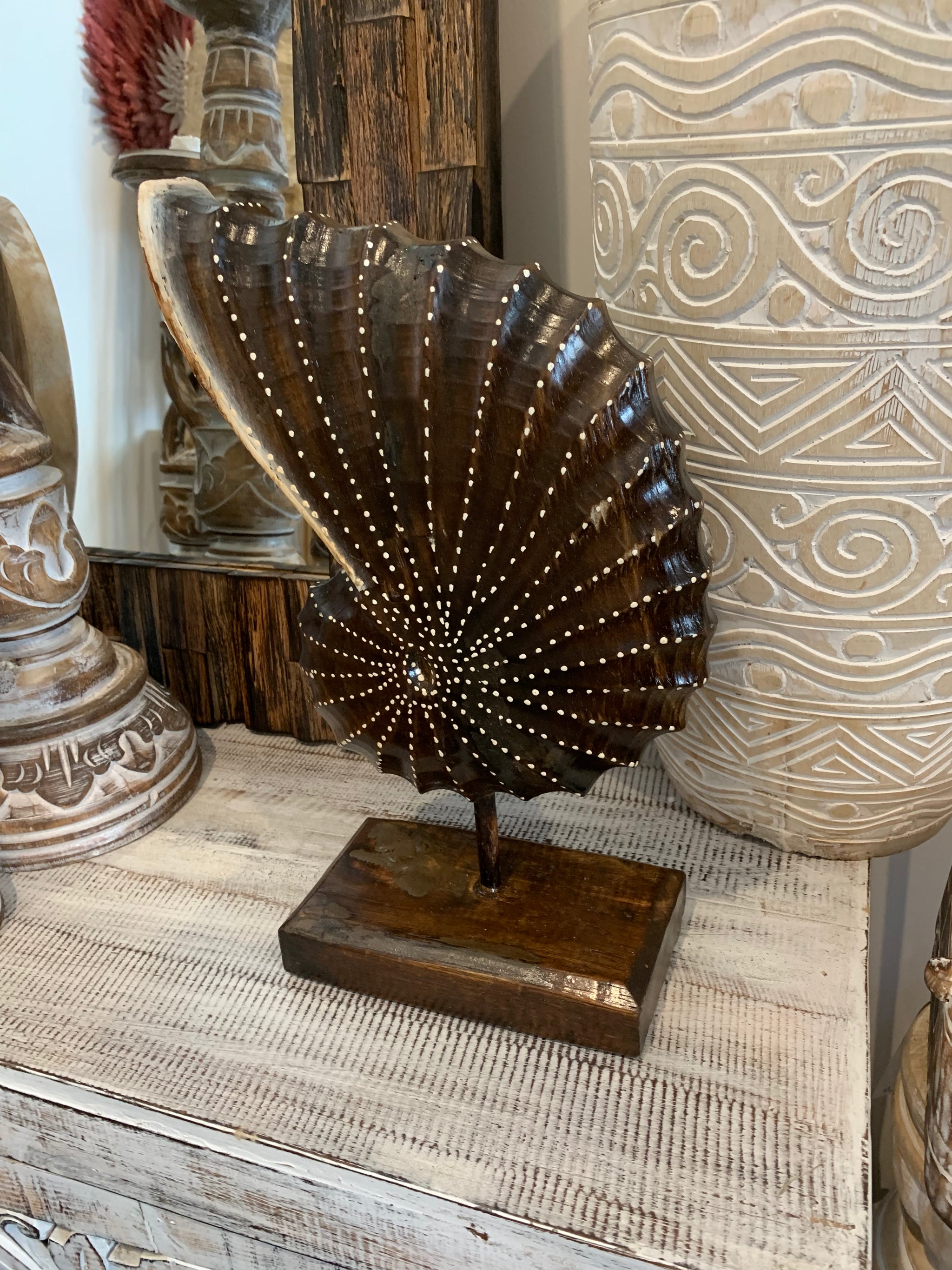 Carved timber shell on stand. Brown. Design 2. L - Bali Beach Beyond