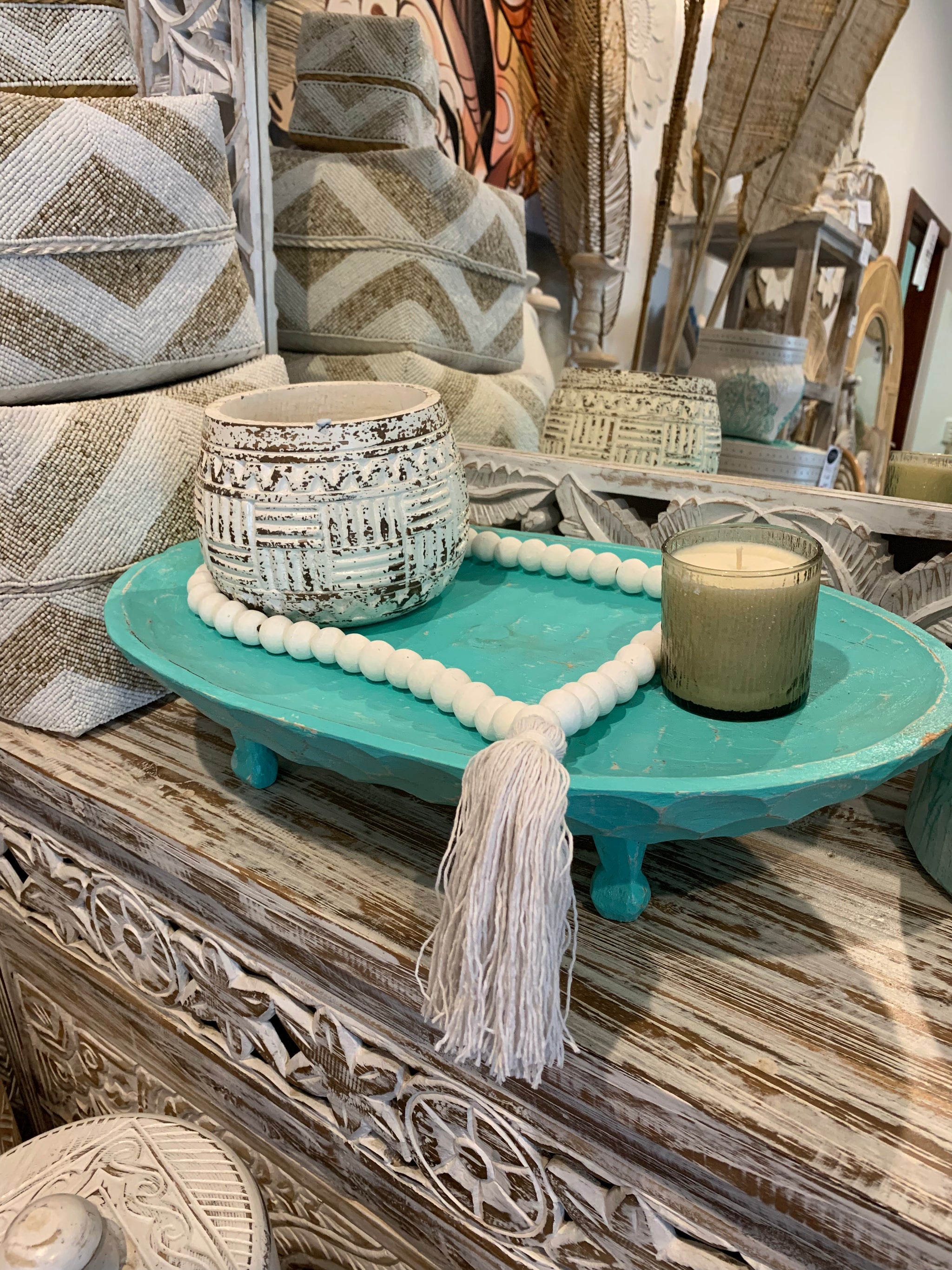 Turquoise timber decorative platter on legs 49cm - Bali Beach Beyond