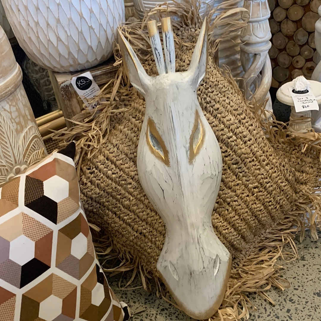White timber giraffe mask. Wall hanging - Bali Beach Beyond