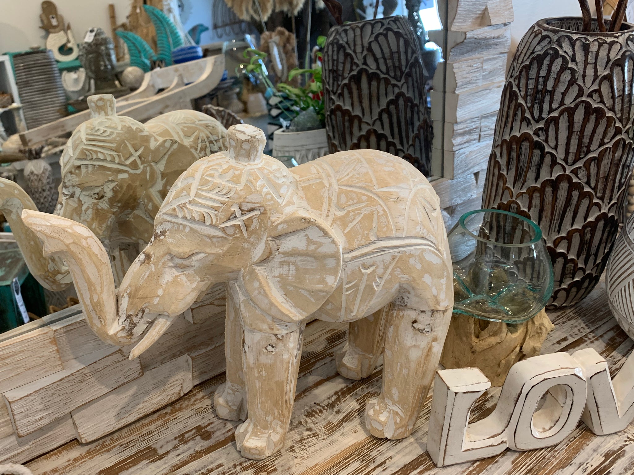 Timber handcarved elephants white wash. Large - Bali Beach Beyond