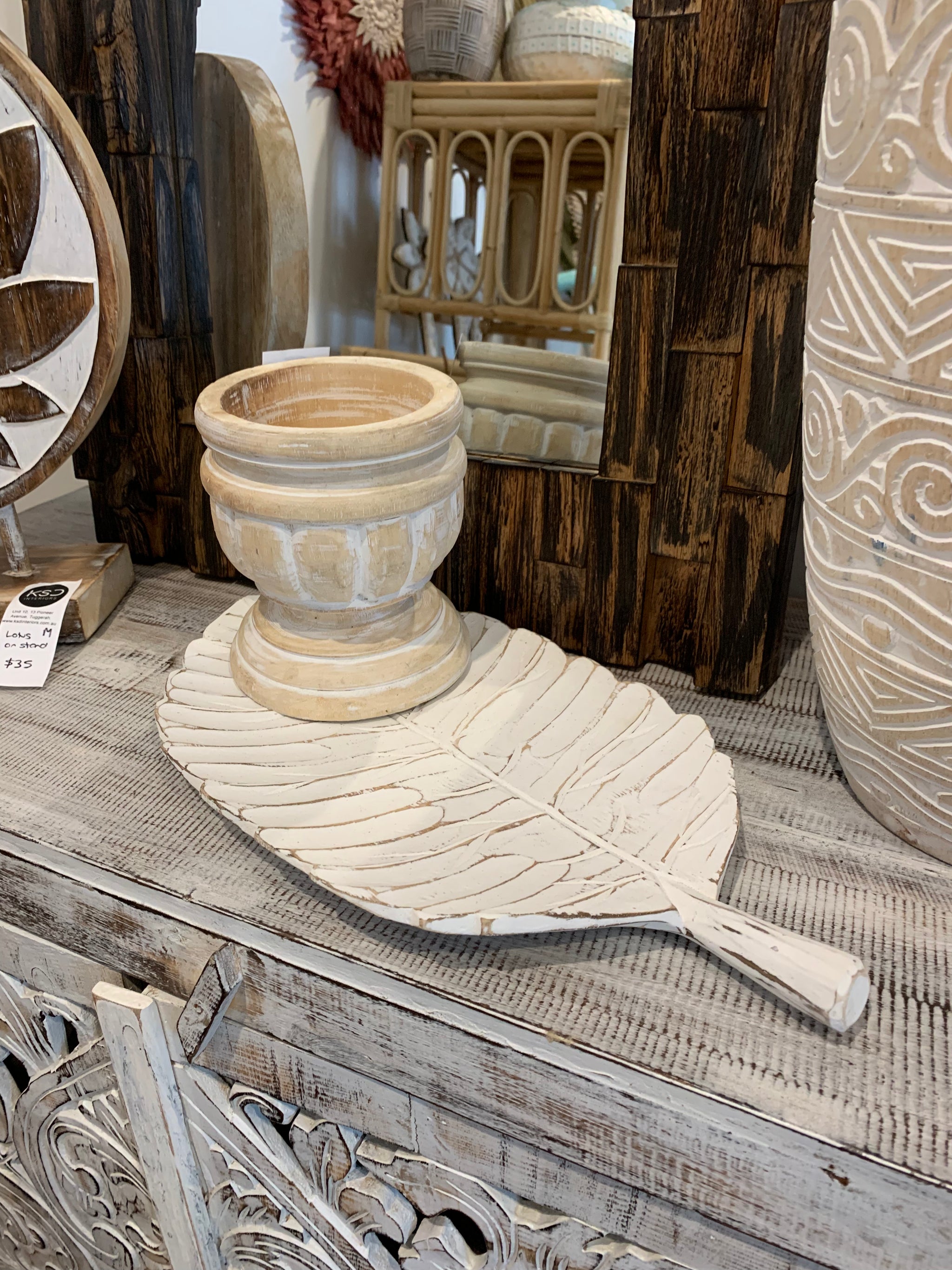Timber leaf platter. Rustic white finish. Medium - Bali Beach Beyond