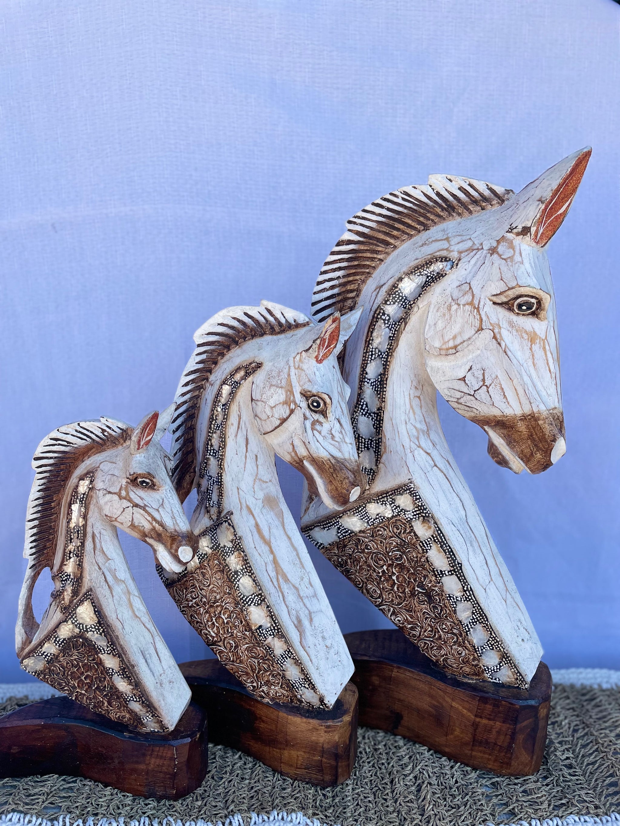 Set of 3 handpainted timber horse statues - Bali Beach Beyond