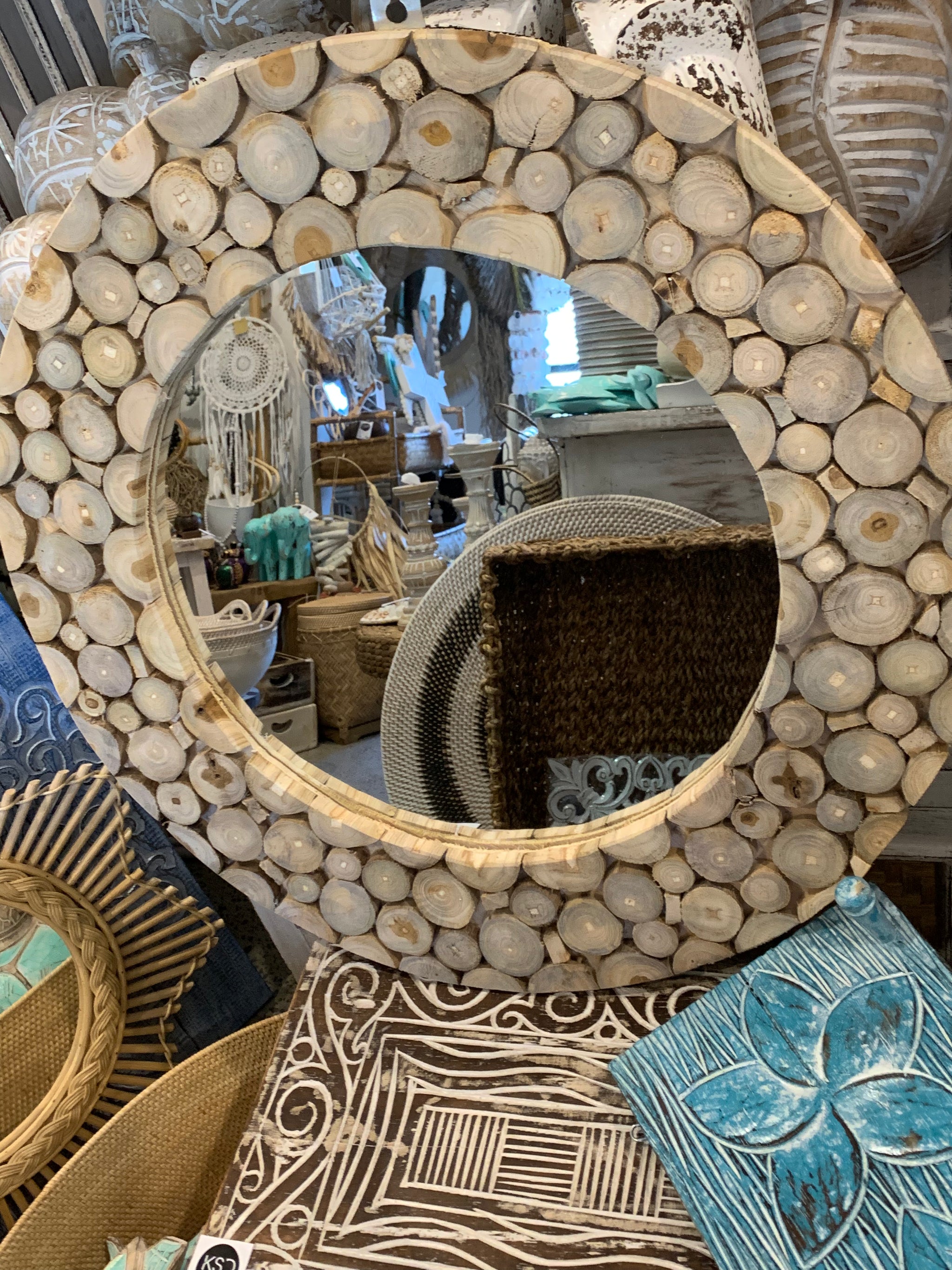 Round timber mirror. Circle design - Bali Beach Beyond