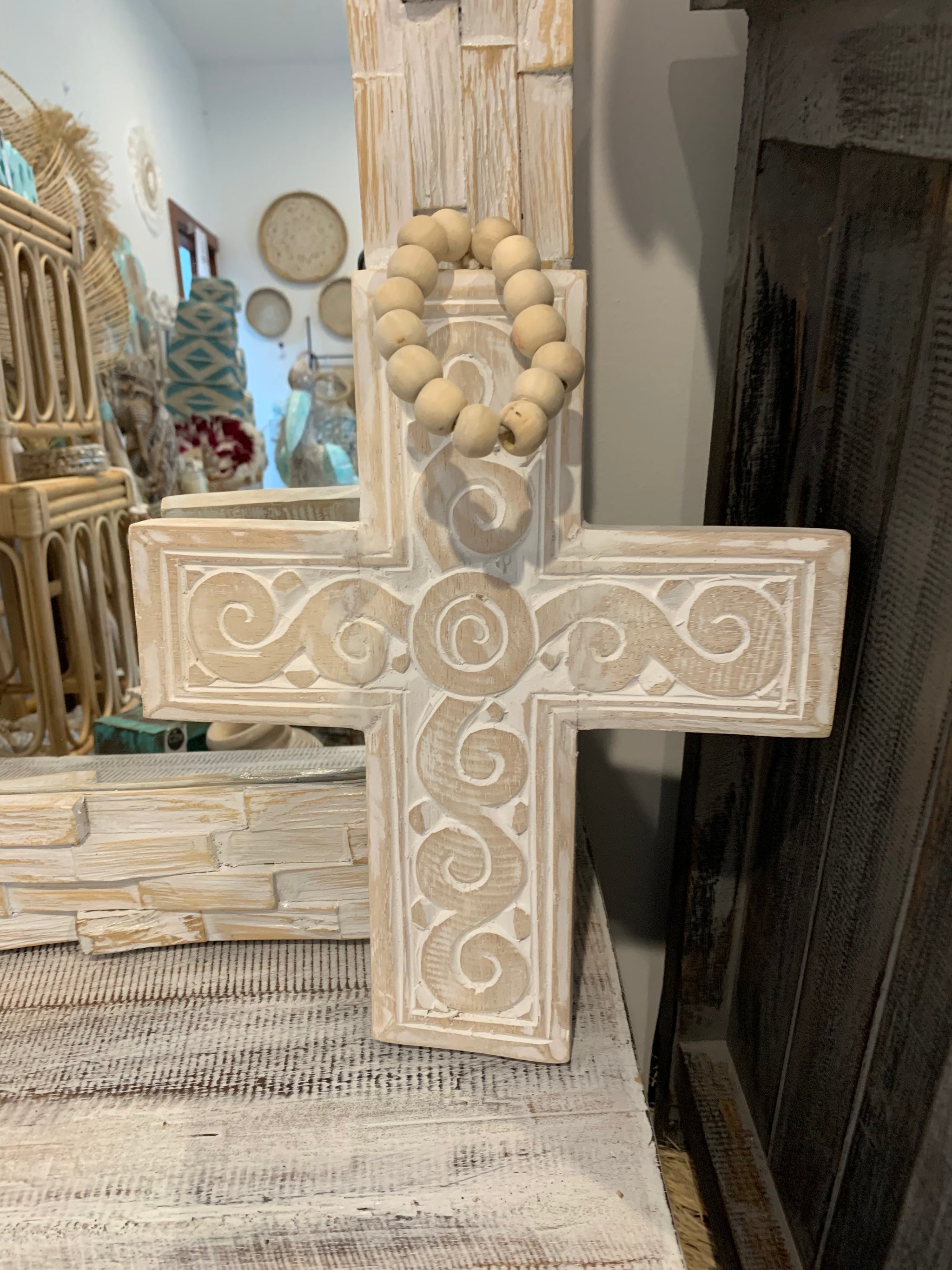 Natural carved timber cross and beads - Bali Beach Beyond