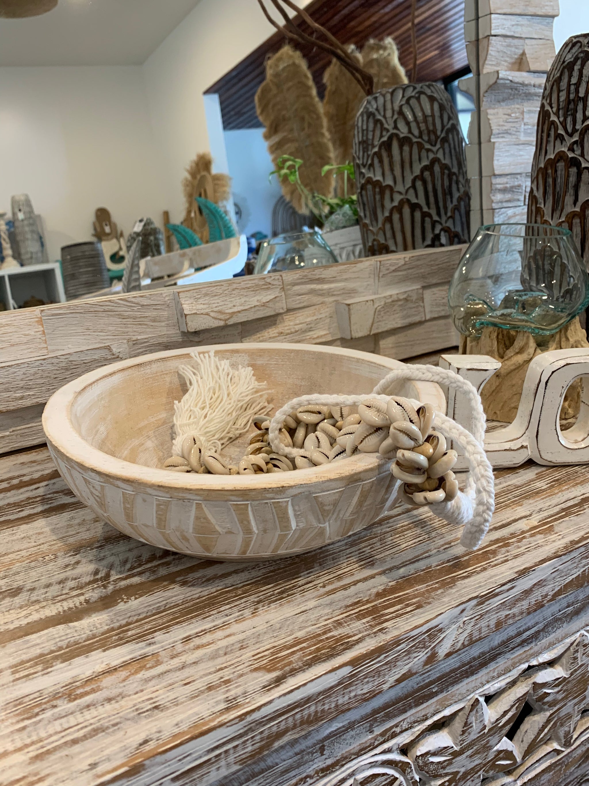 White wash timber handcarved timber bowl. Large - Bali Beach Beyond