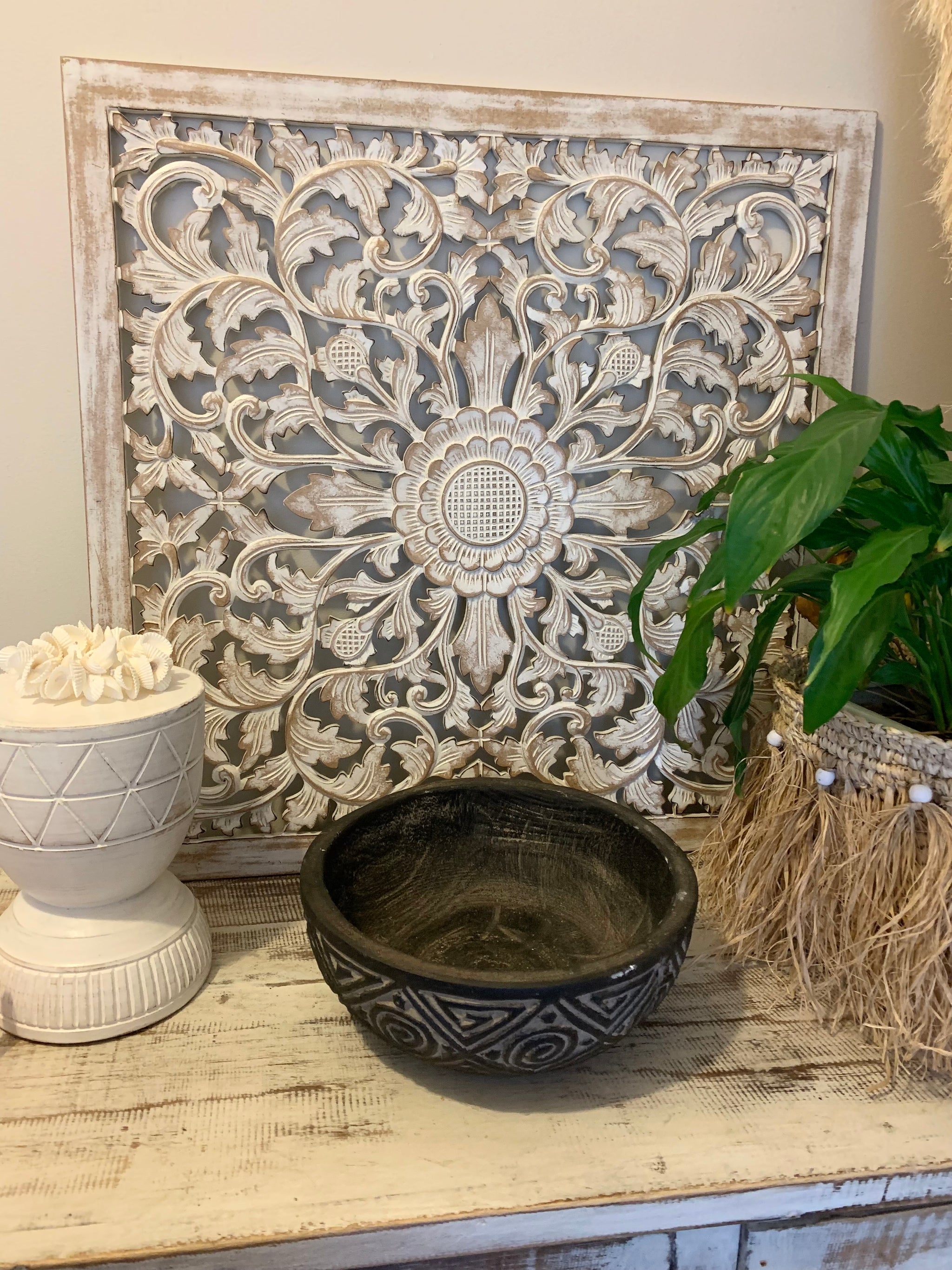 Black handcarved timber decorative bowl 25cm x 9cm - Bali Beach Beyond