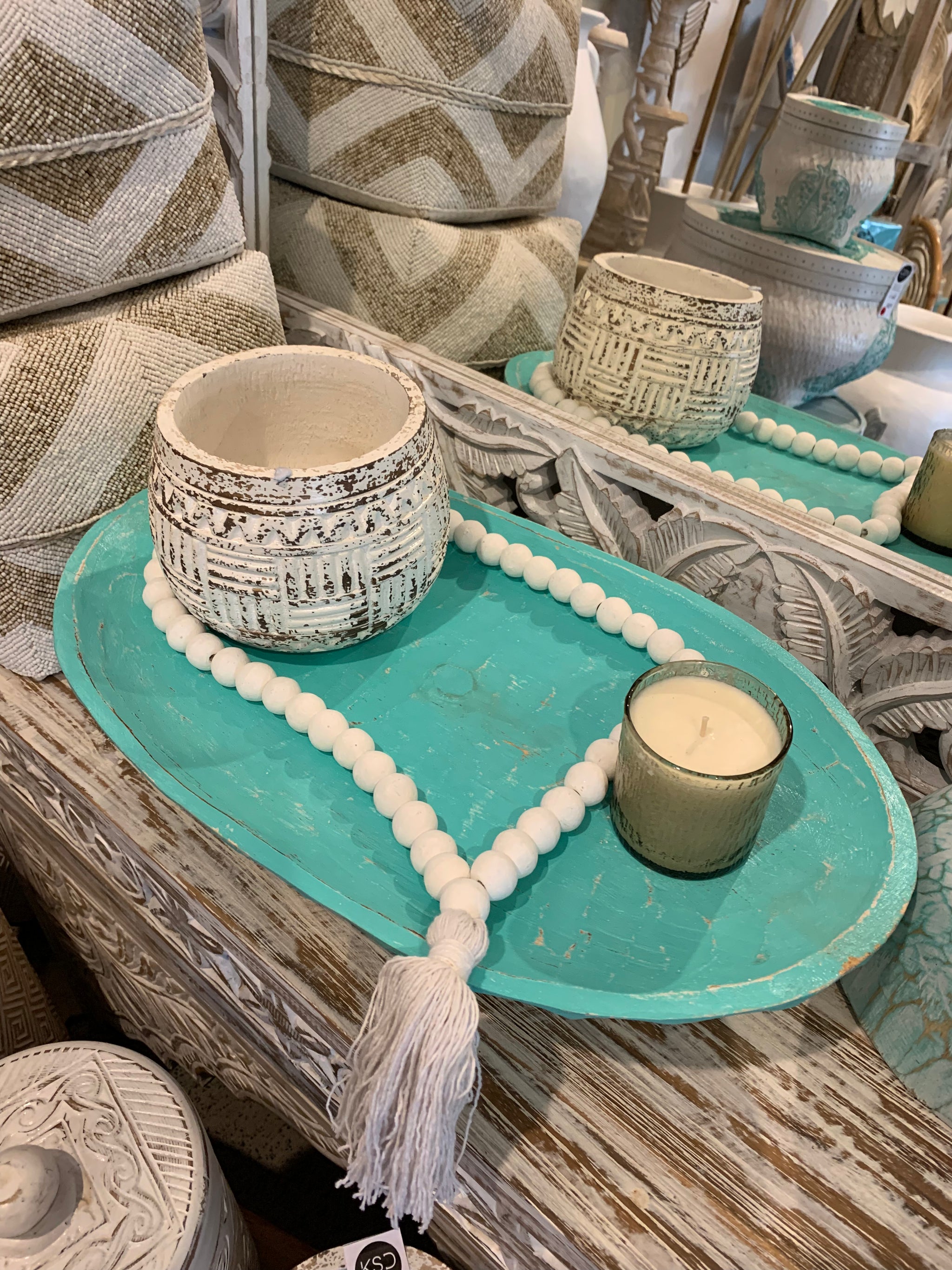 Turquoise timber decorative platter on legs 49cm - Bali Beach Beyond