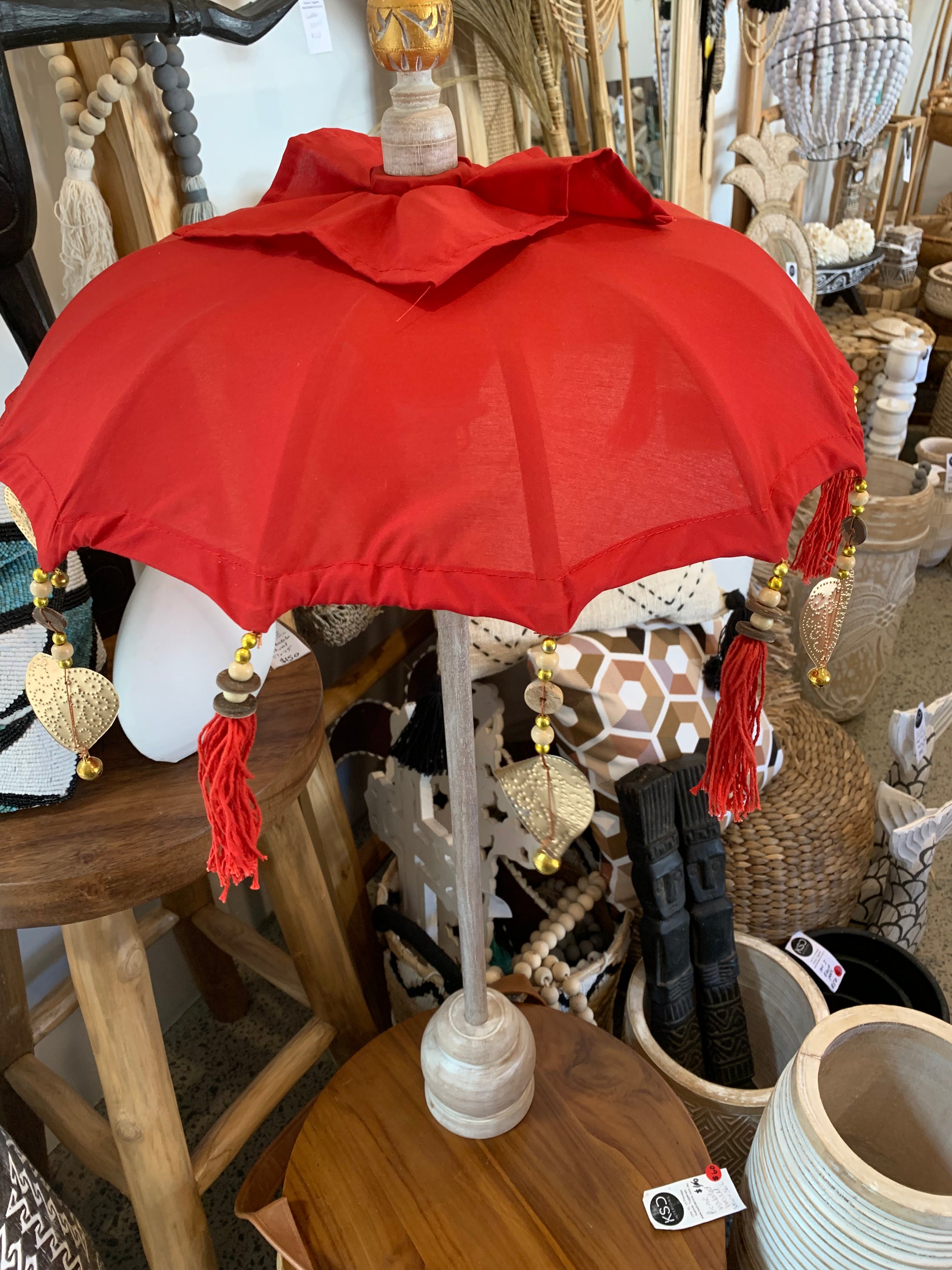 Red Tabletop Umbrella with plain design. EOFY sale. Usually $50 - Bali Beach Beyond