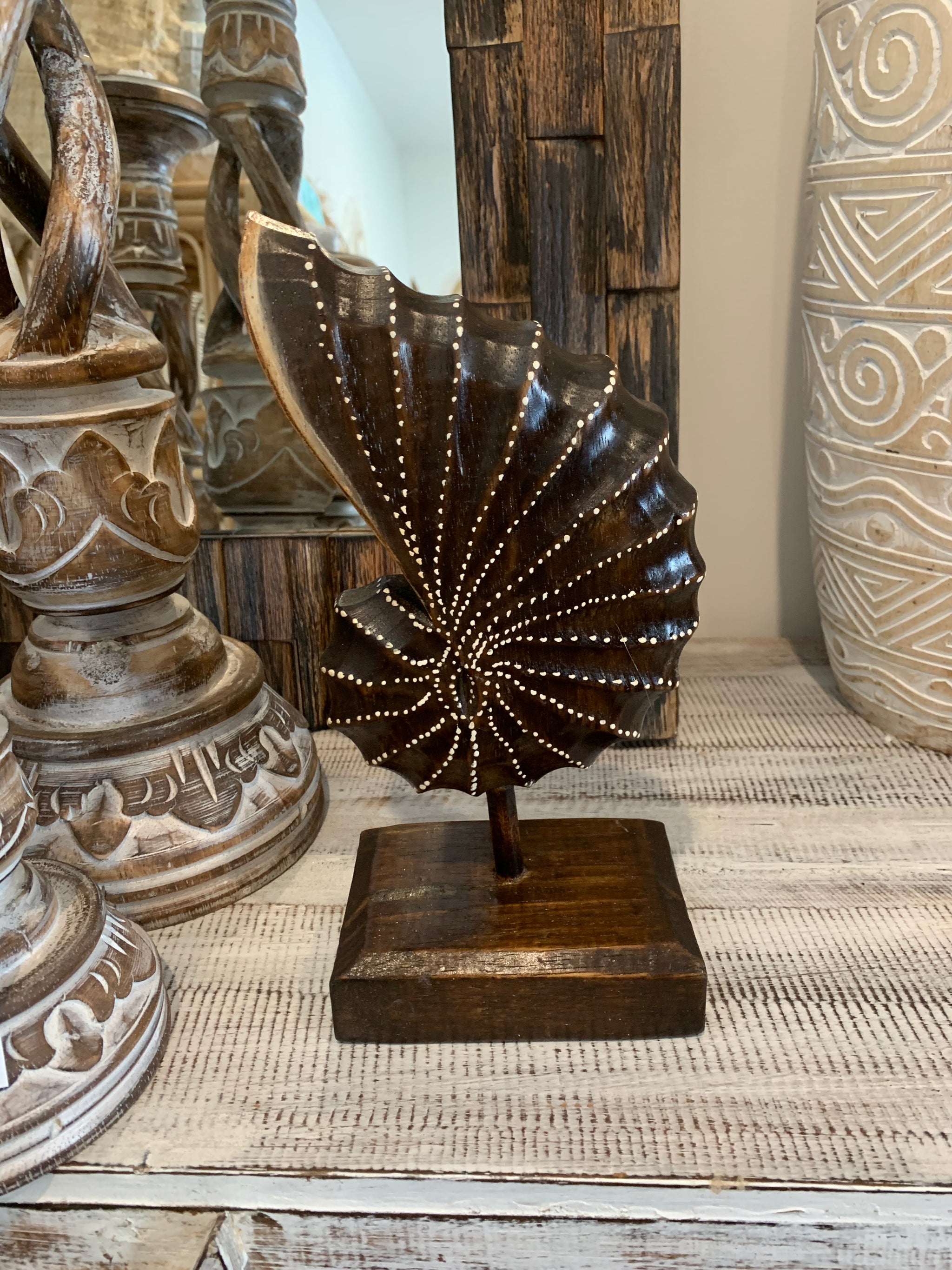 Carved timber shell on stand. Brown. Design 2. S - Bali Beach Beyond