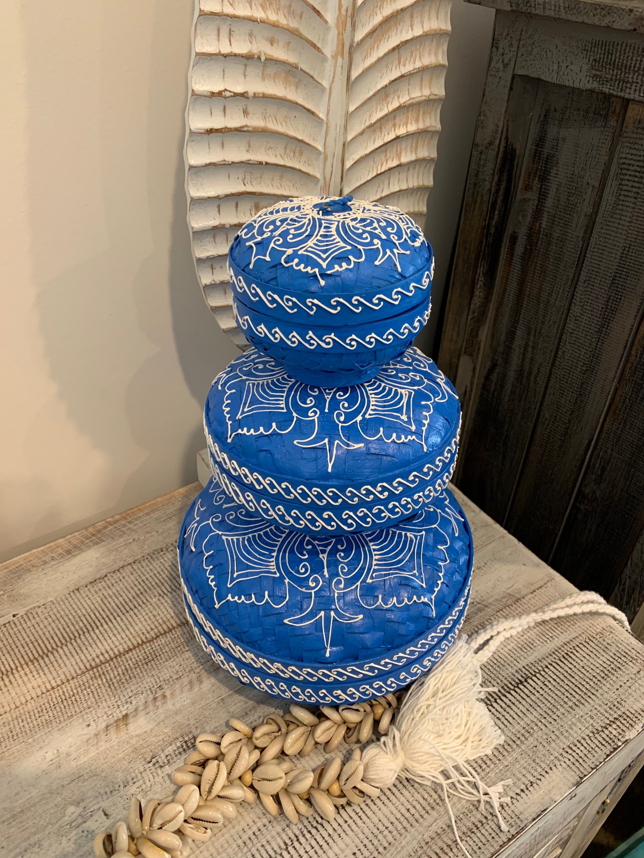 Blue set 3 container with lids. Hand painted mandala. Usually $95 - Bali Beach Beyond