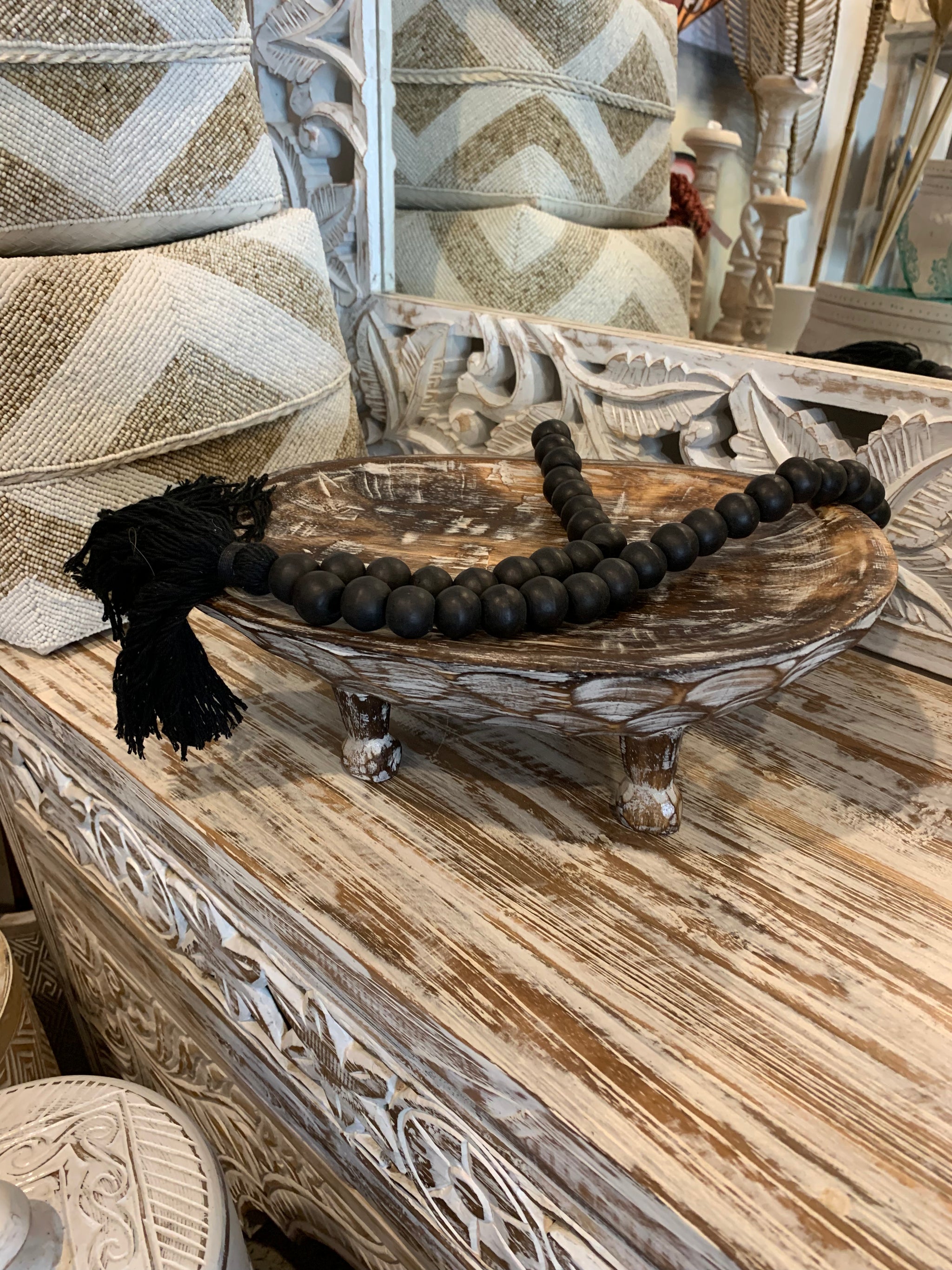 Brown timber decorative platter on legs 30cm - Bali Beach Beyond