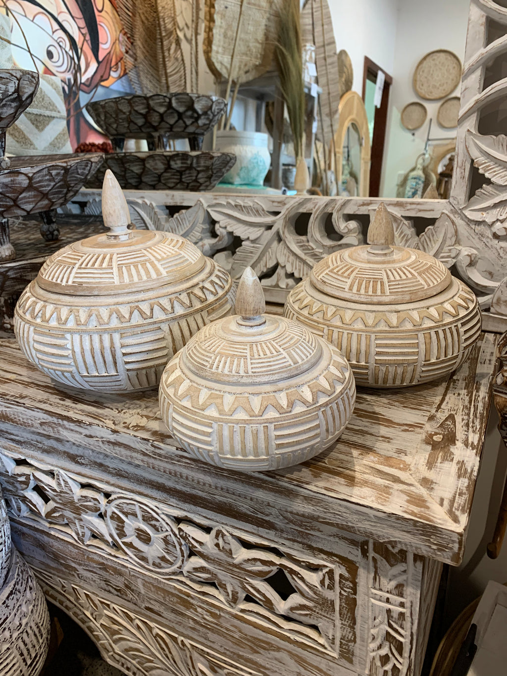 Set 3 container with lids. White wash with carved detail - Bali Beach Beyond
