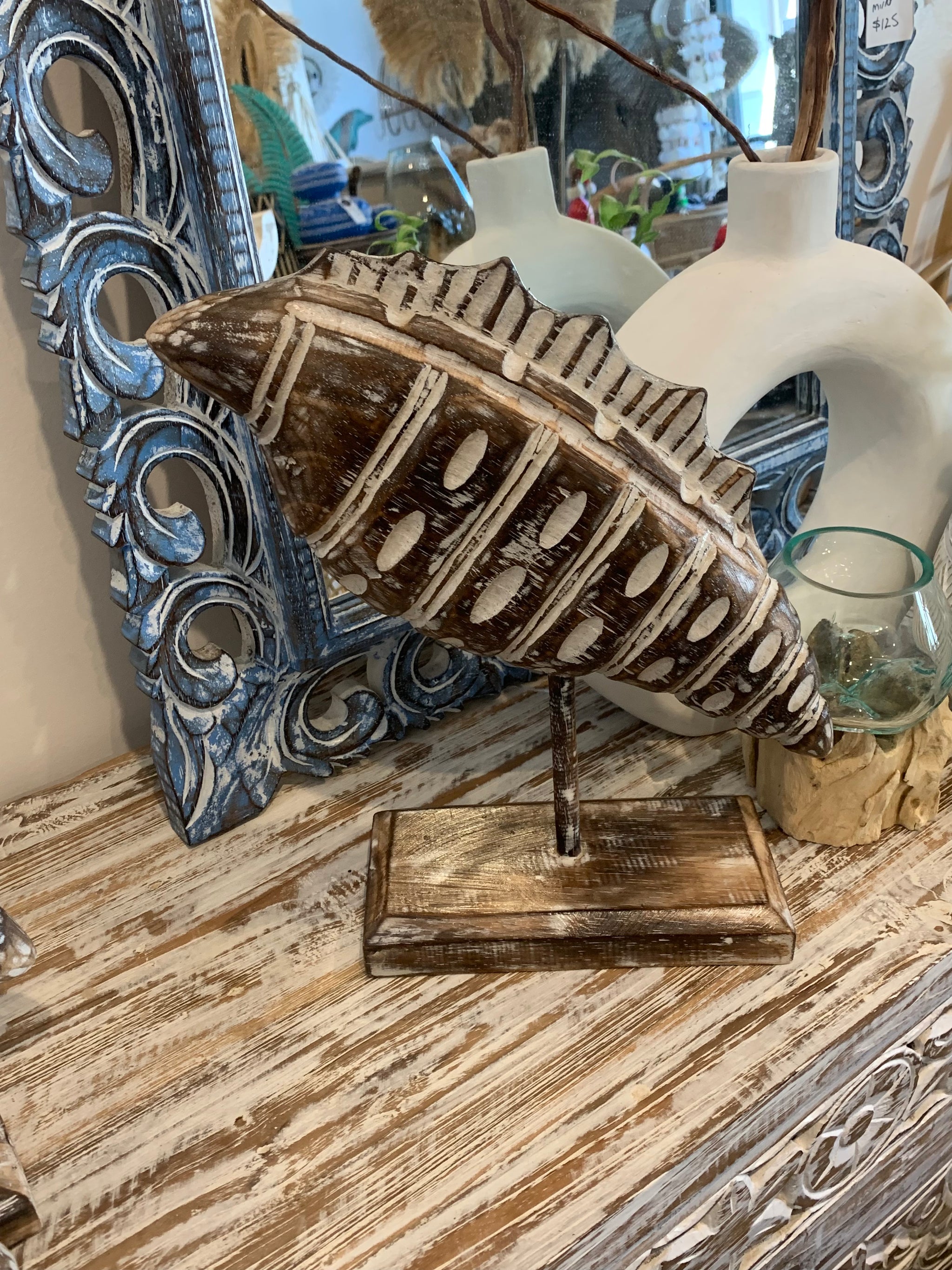 Carved timber shell on stand. Brown. Large - Bali Beach Beyond