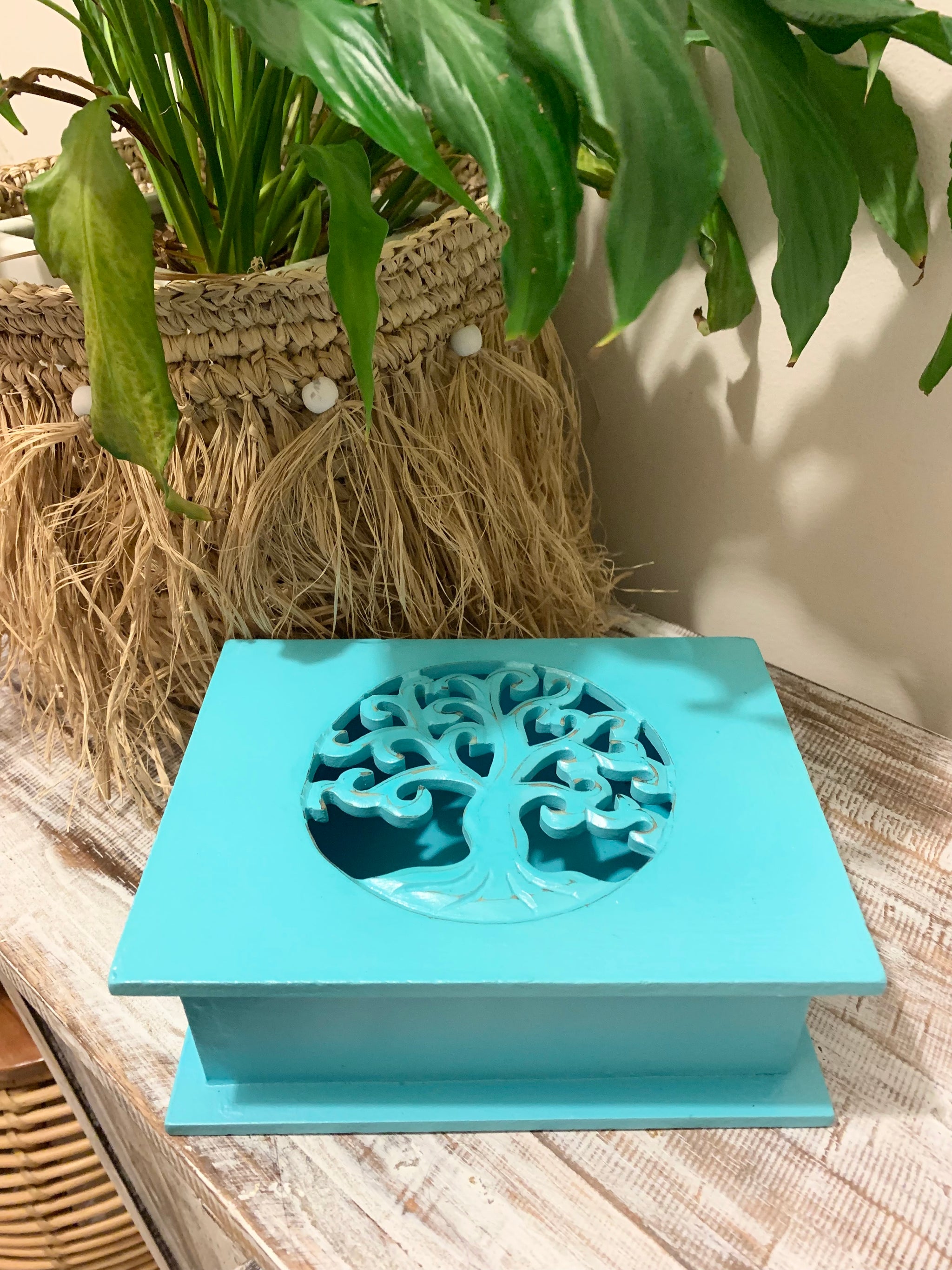 Carved tree of life aqua box with hinged lid. Jewellery / storage. Medium - Bali Beach Beyond