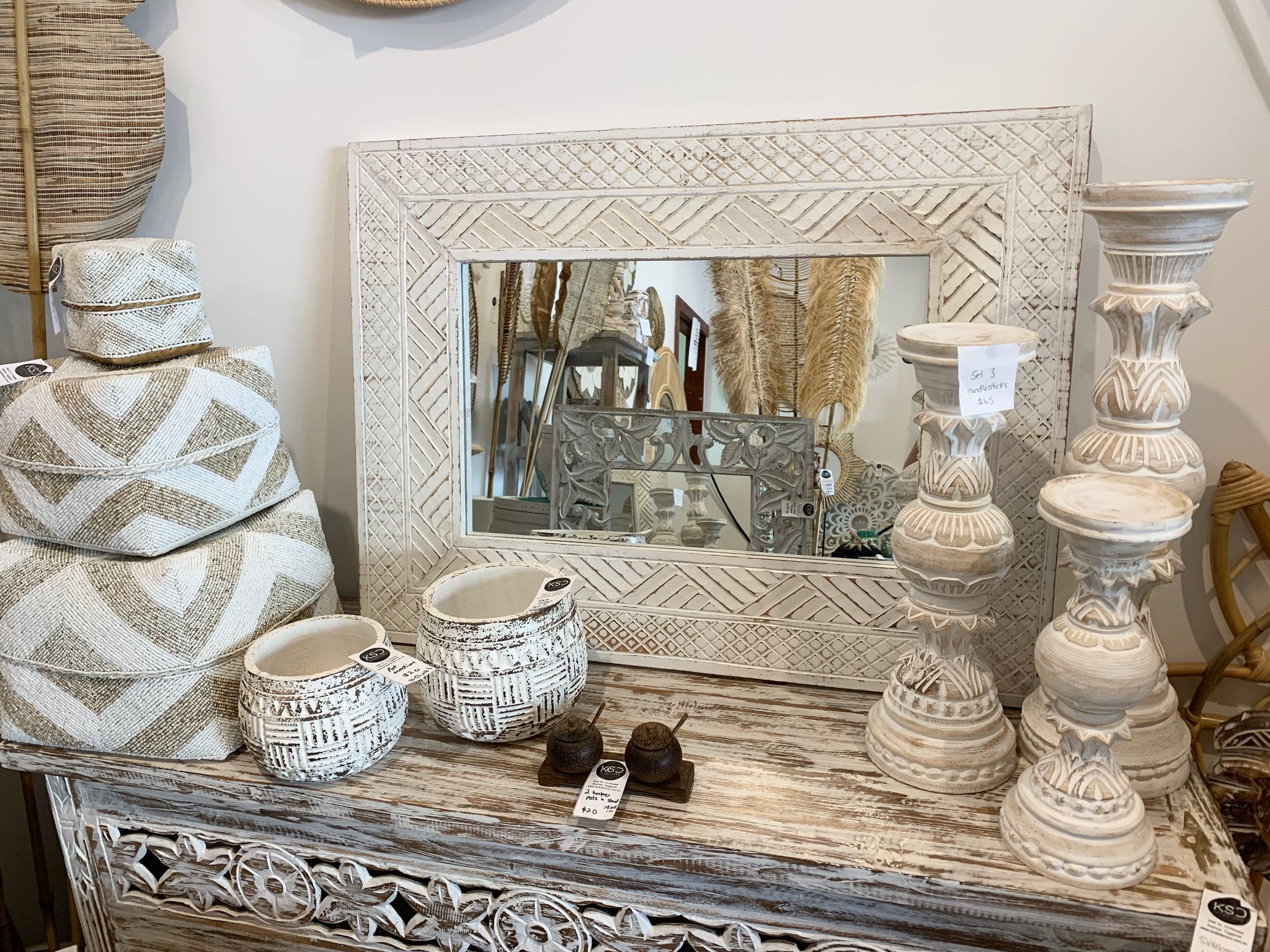 White carved timber mirror - Bali Beach Beyond
