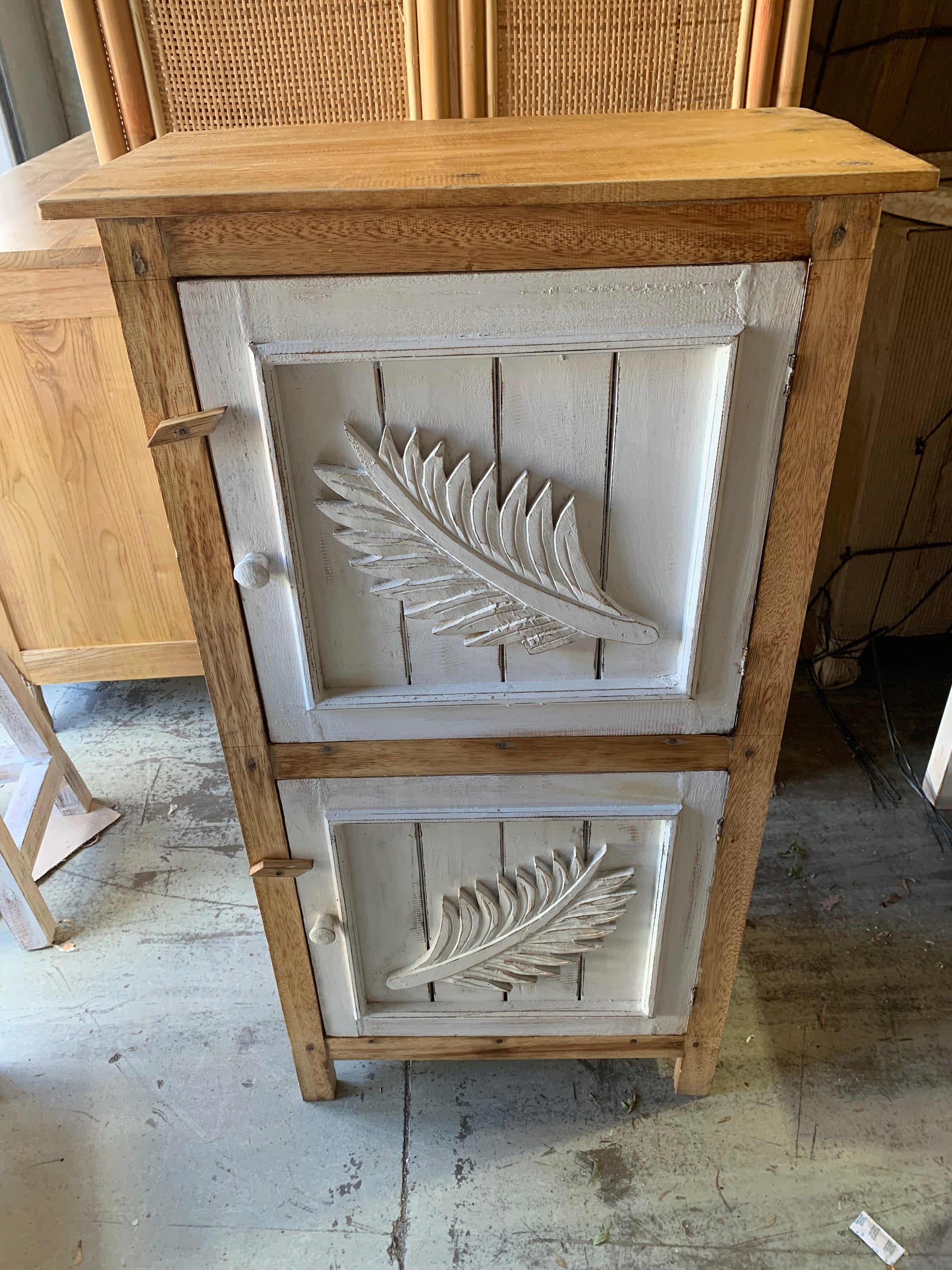 Carved double leaf white timber cabinet with 2 doors - Bali Beach Beyond