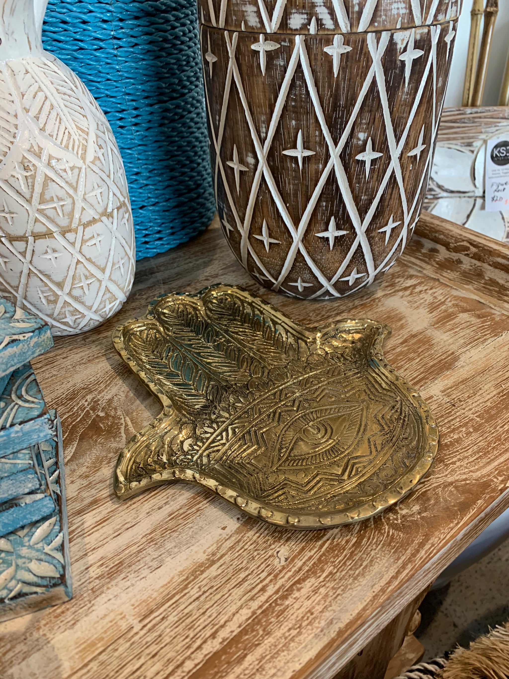 Brass hamsa hand tray. - Bali Beach Beyond
