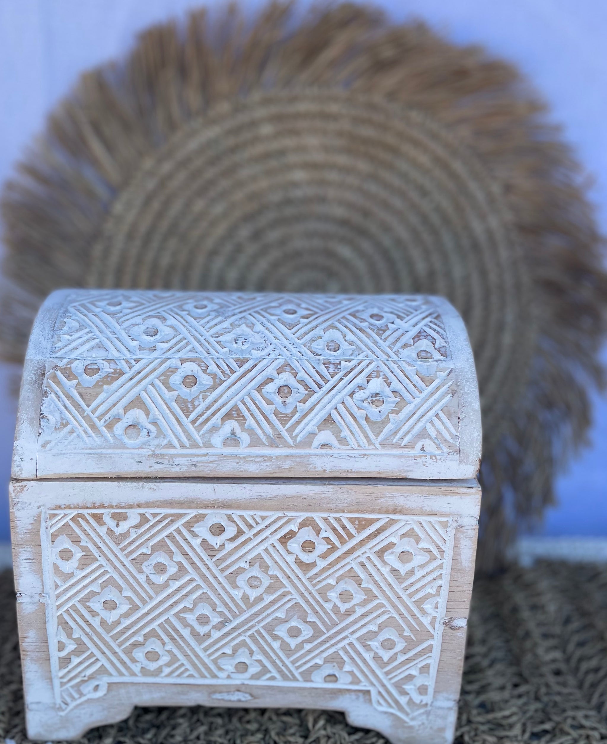 Handcarved white Wash storage box / jewellery box. Curved lid - Bali Beach Beyond