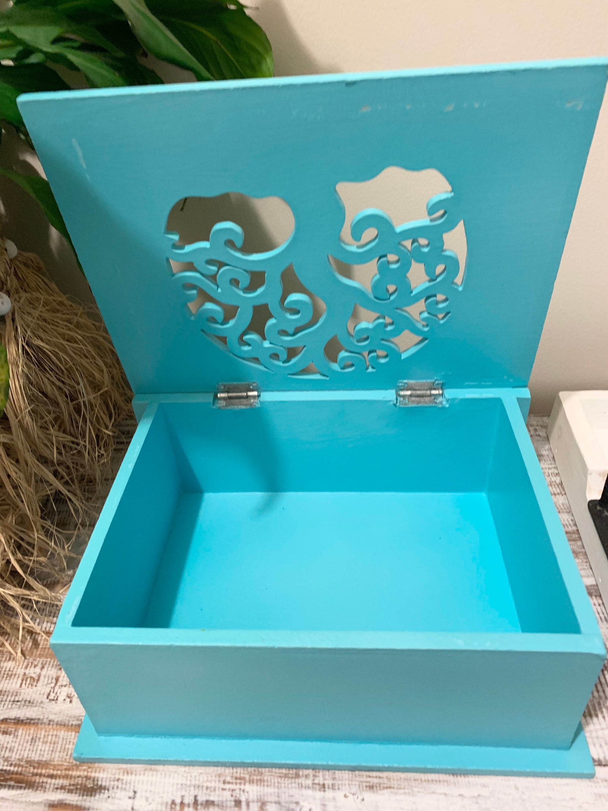 Carved tree of life aqua box with hinged lid. Jewellery / storage. Large. 24cm w - Bali Beach Beyond