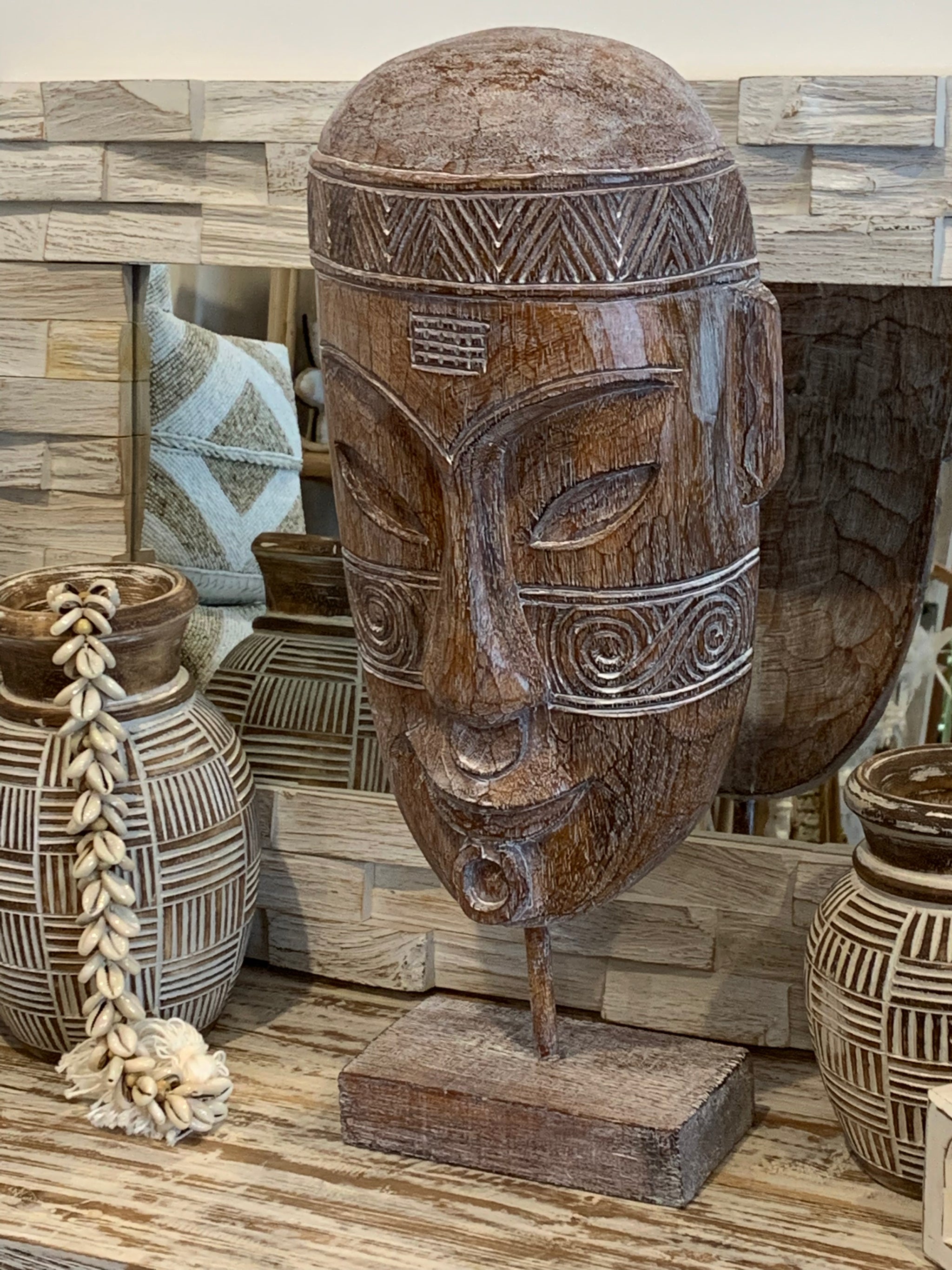 Tribal mask on stand L - Bali Beach Beyond