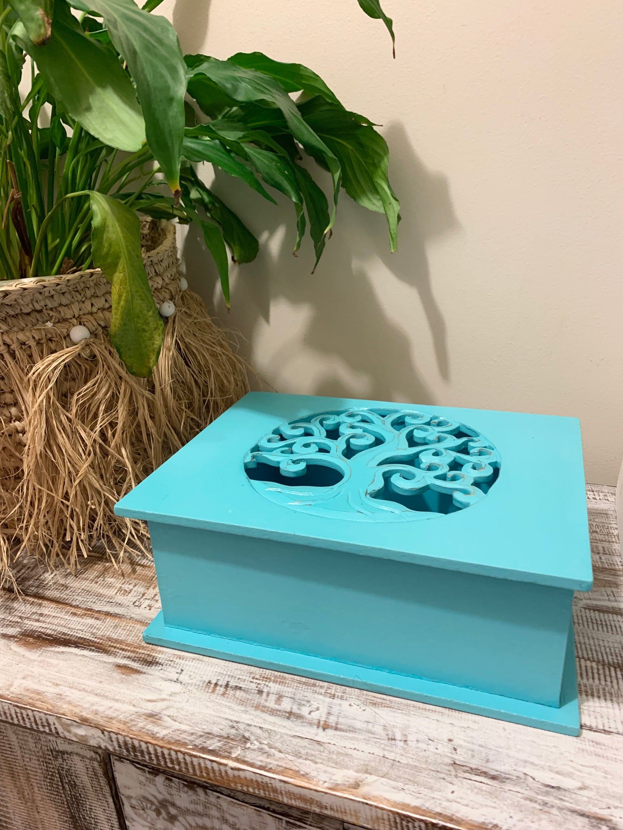 Carved tree of life aqua box with hinged lid. Jewellery / storage. Large. 24cm w - Bali Beach Beyond