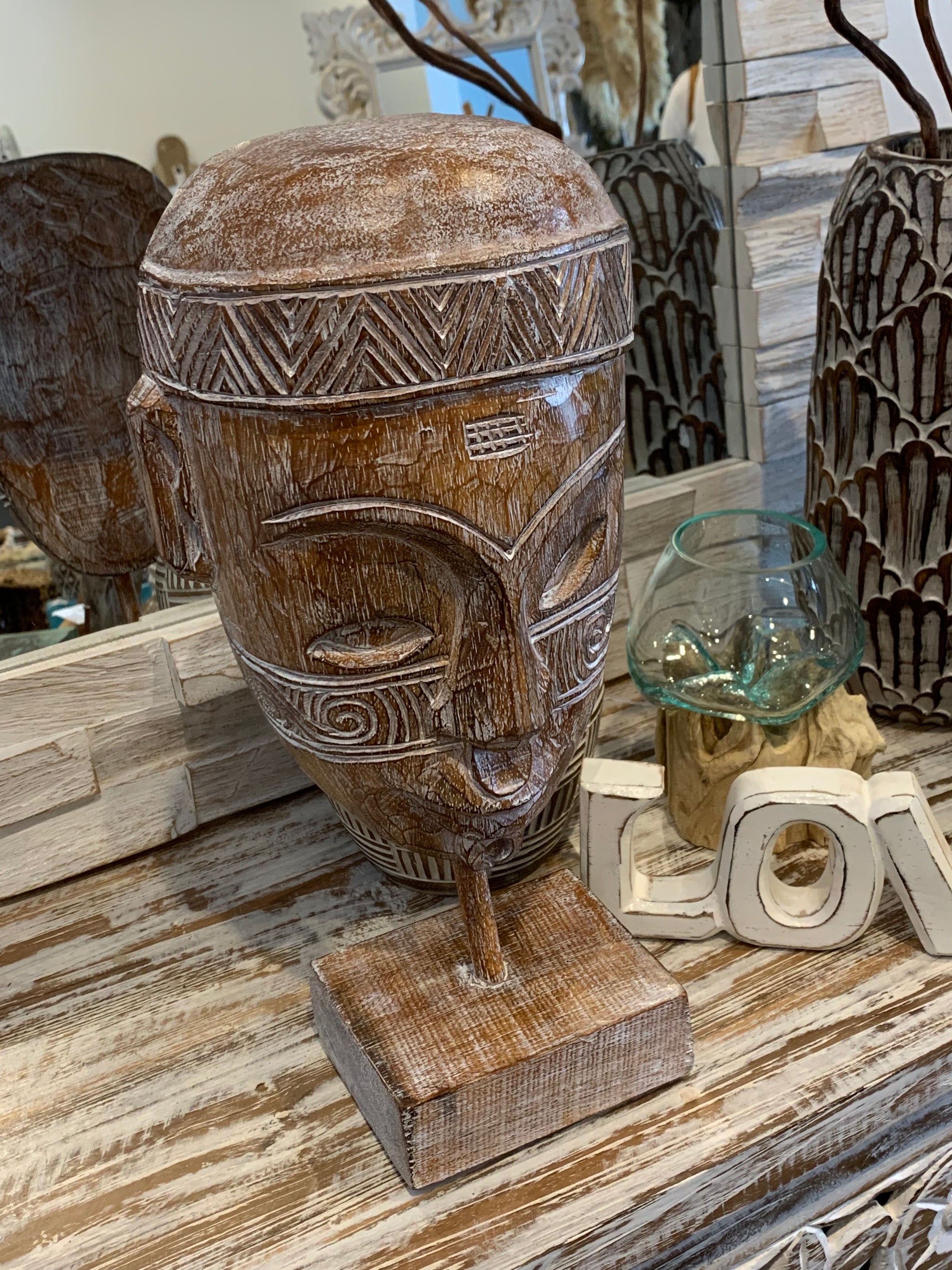 Tribal mask on stand S - Bali Beach Beyond