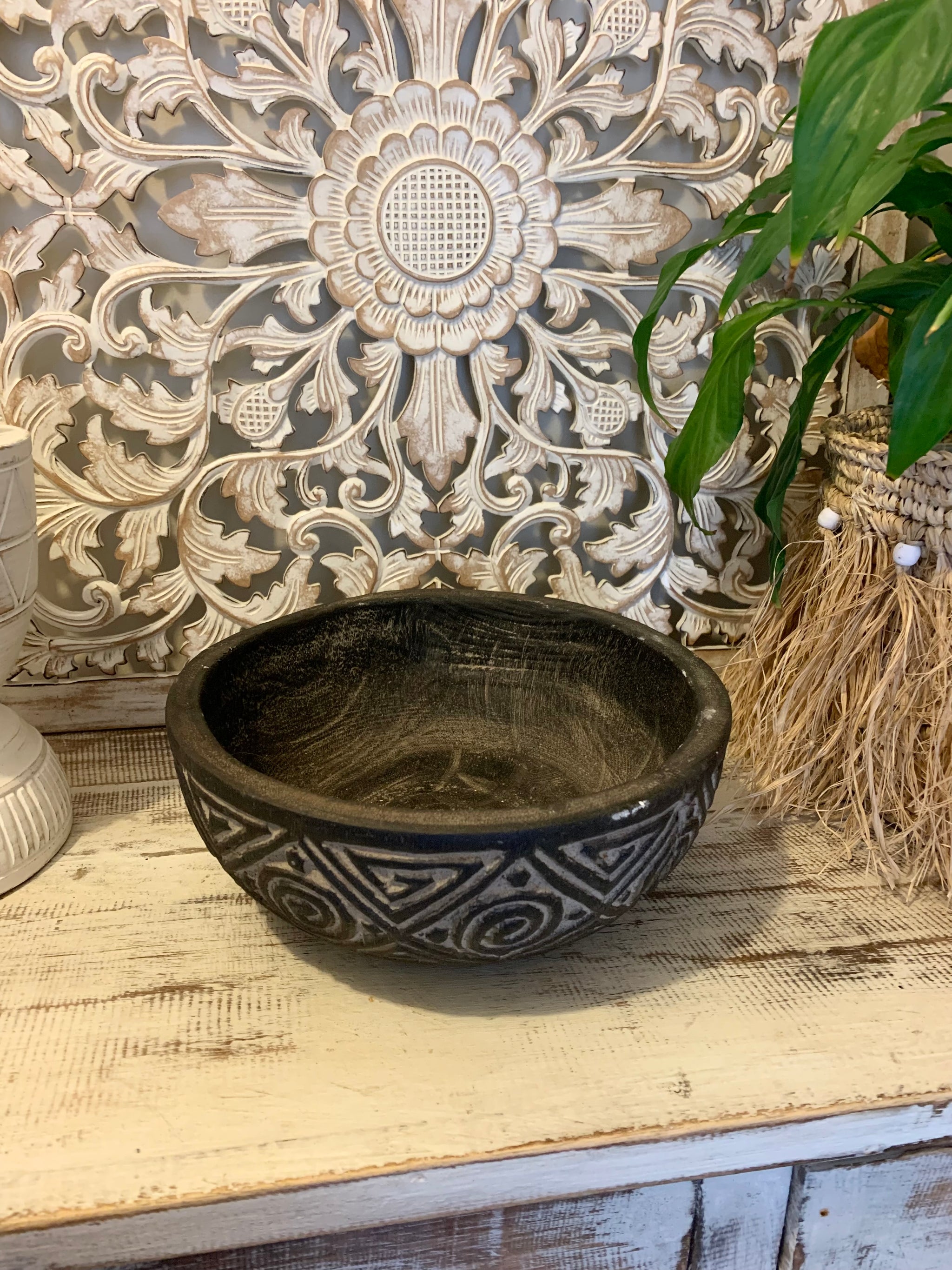 Black handcarved timber decorative bowl 25cm x 9cm - Bali Beach Beyond