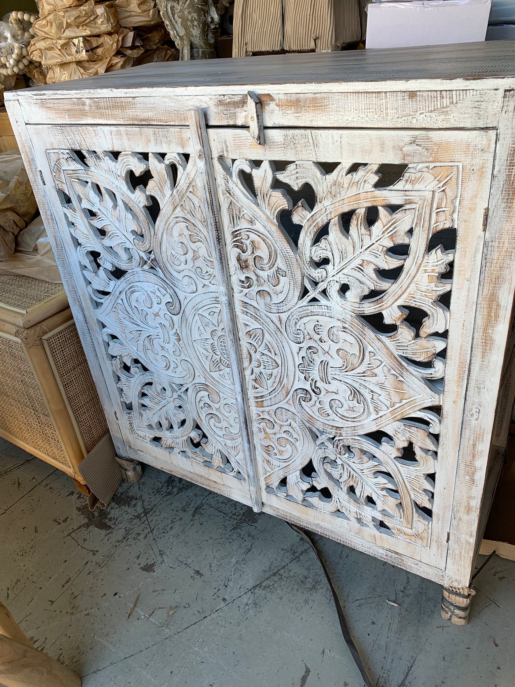 Carved rustic white timber cabinet with 2 doors - Bali Beach Beyond