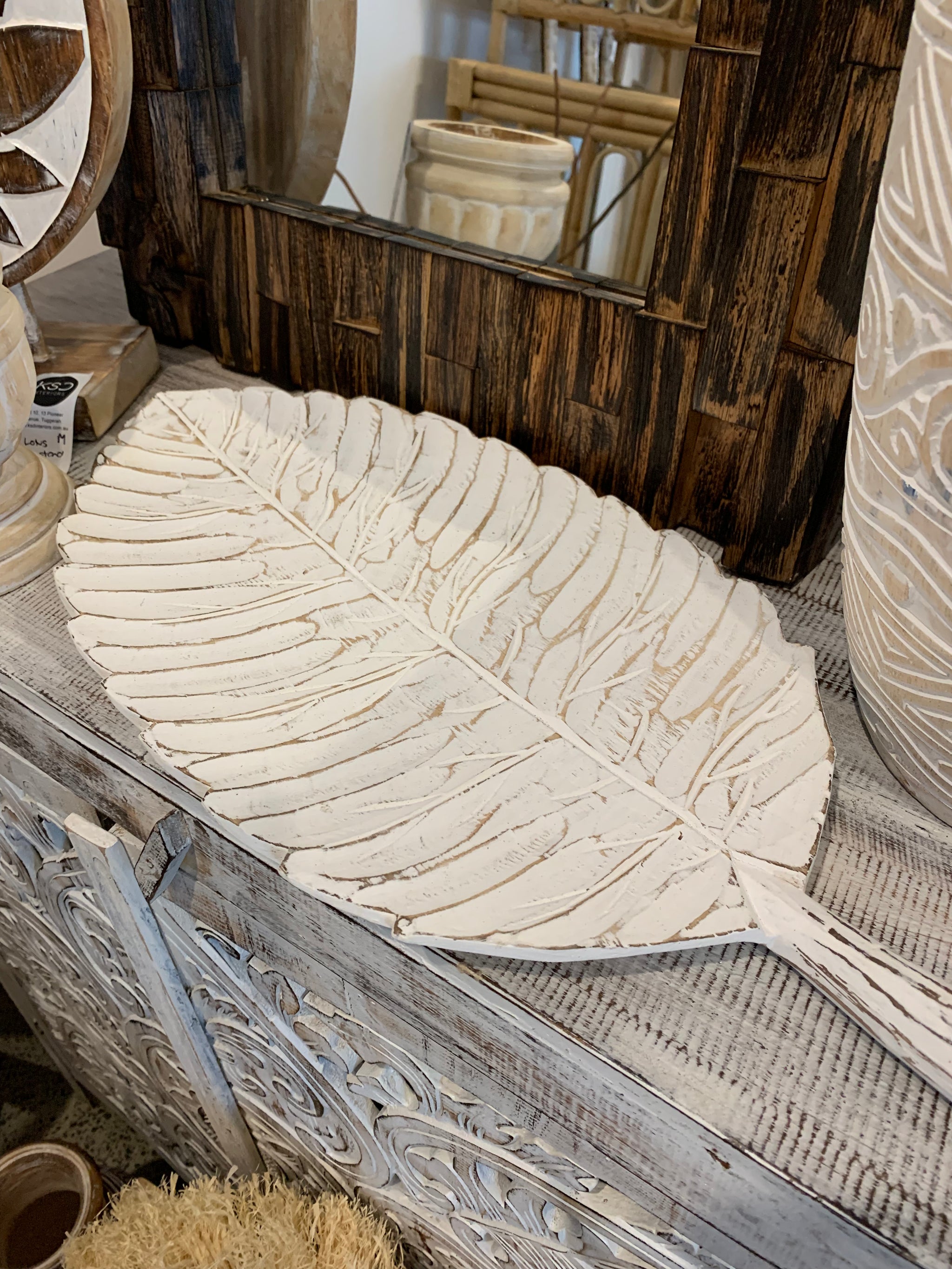 Timber leaf platter. Rustic white finish. Large - Bali Beach Beyond