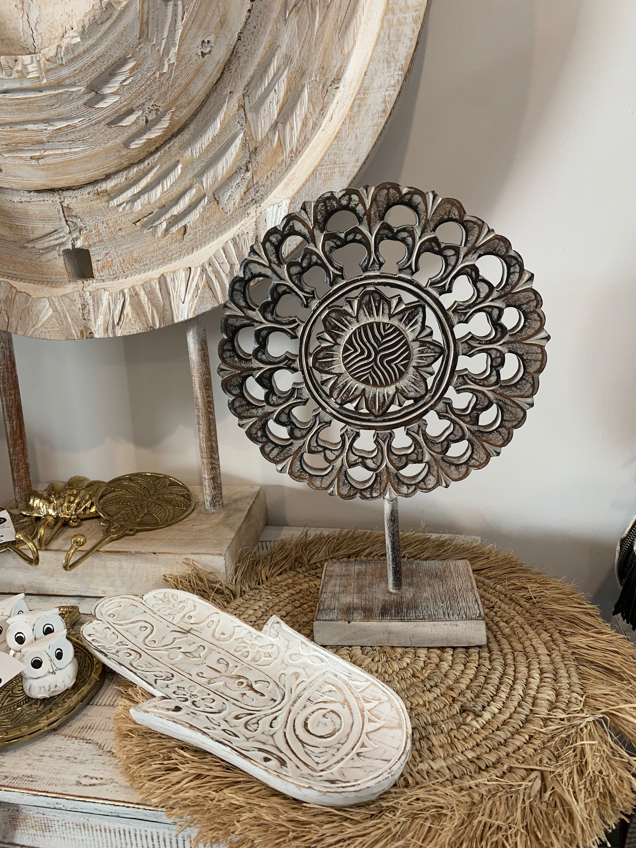 Handcarved decorative flower/ coin on stand. Brown. L - Bali Beach Beyond