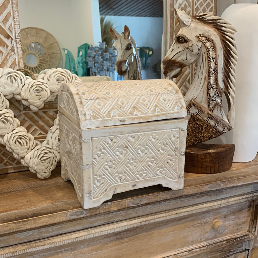 Handcarved white Wash storage box / jewellery box. Curved lid - Bali Beach Beyond