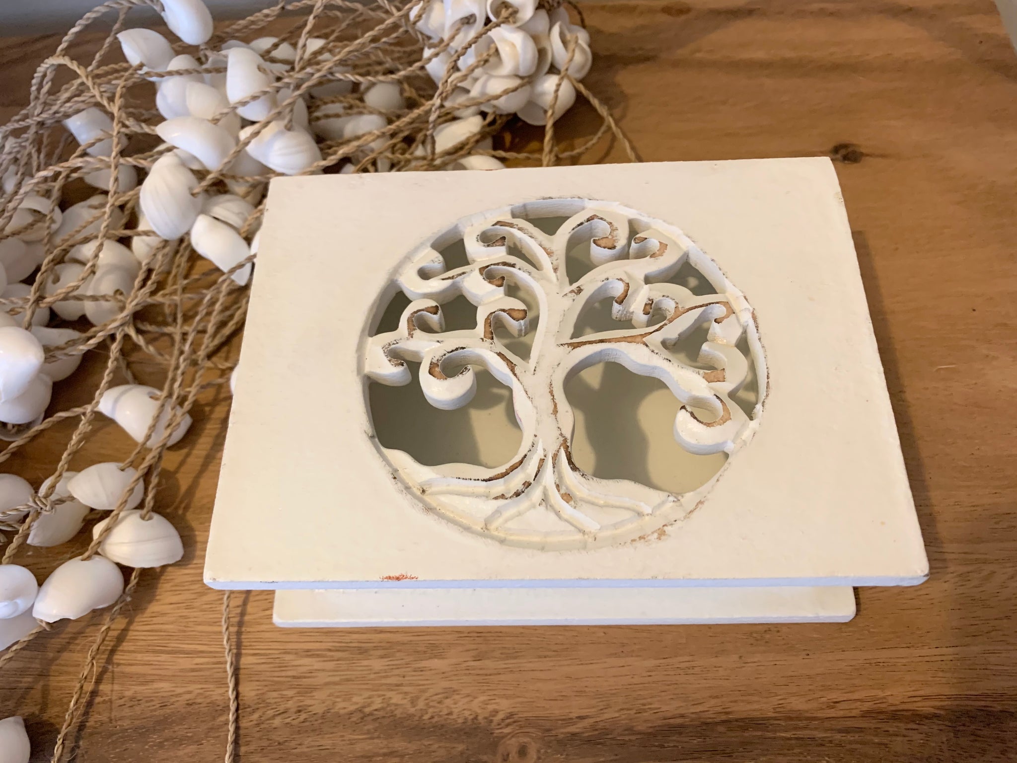 Carved tree of life white box with hinged lid. Jewellery / storage. 15cm w - Bali Beach Beyond
