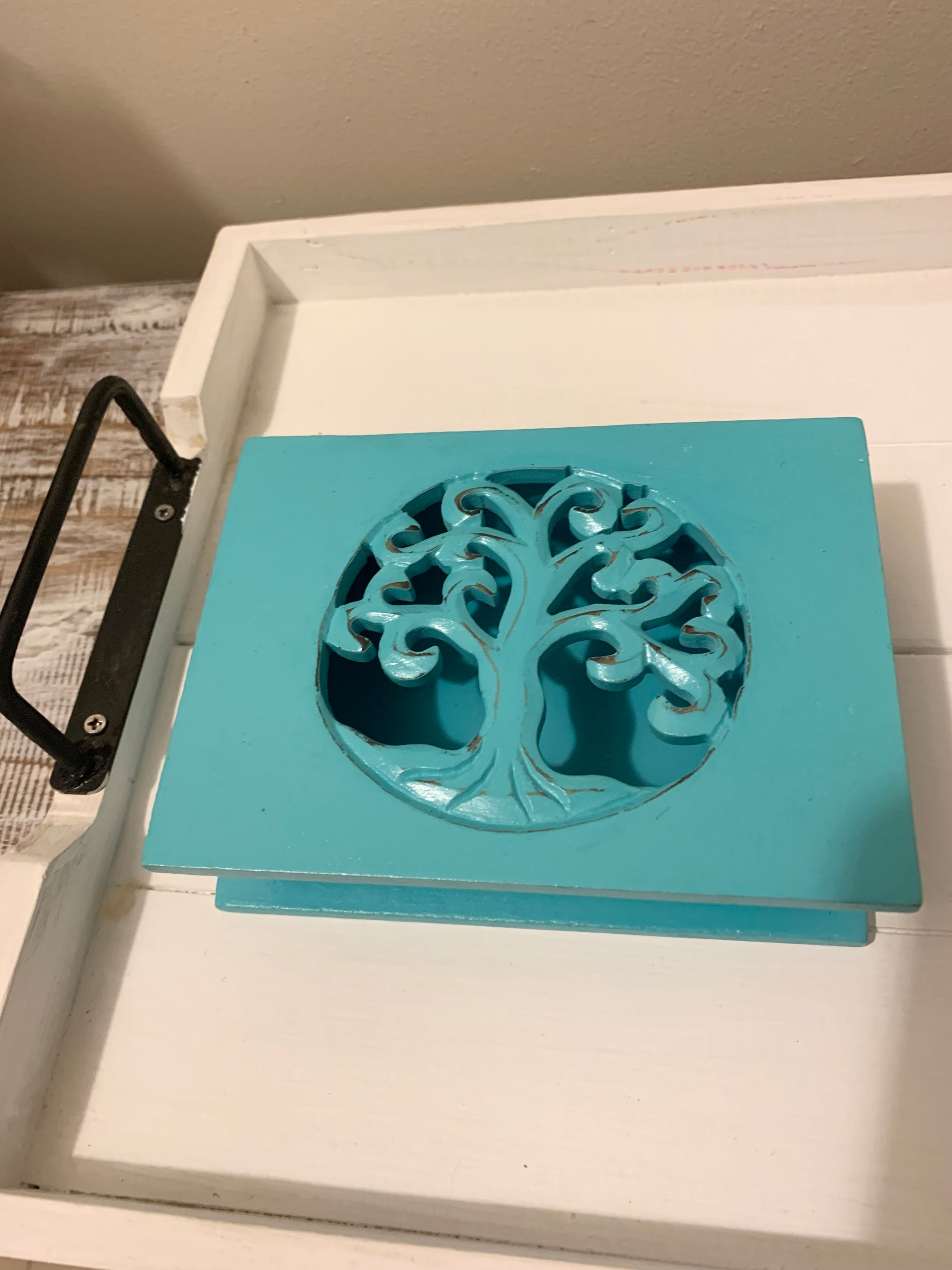 Carved tree of life aqua box with hinged lid. Jewellery / storage. Small - Bali Beach Beyond